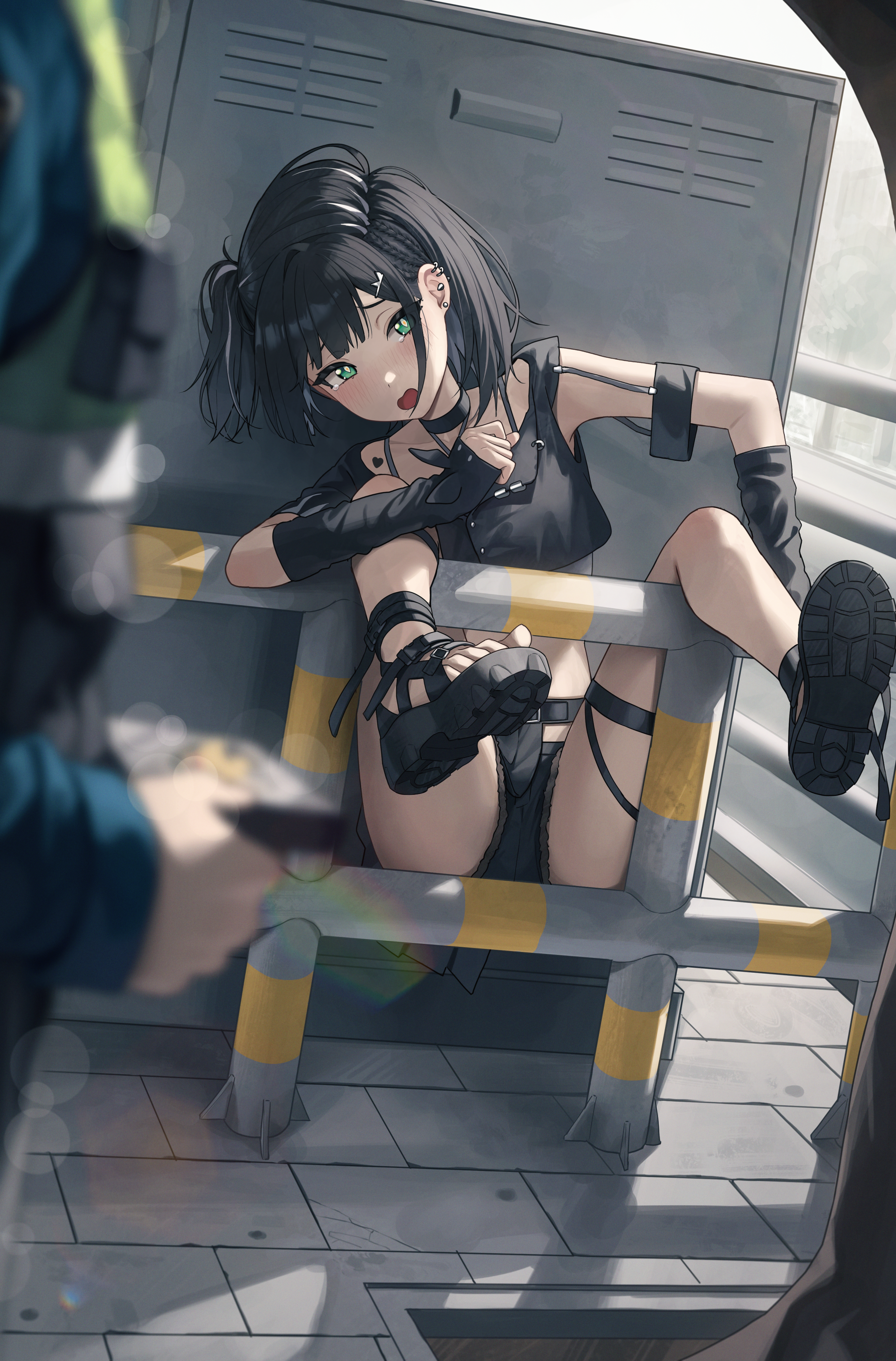 suumon, original, absurdres, commentary request, highres, 1girl, belt, black belt, black choker, black hair, black sandals, blurry, blurry foreground, bob cut, choker, collarbone, cropped shirt, detached sleeves, ear piercing, earrings, green eyes, heart, heart tattoo, jewelry, looking at viewer, midriff, navel, one side up, open mouth, piercing, platform sandals, police, police uniform, sandals, short hair, stomach, stuck, stud earrings, tattoo, tearing up