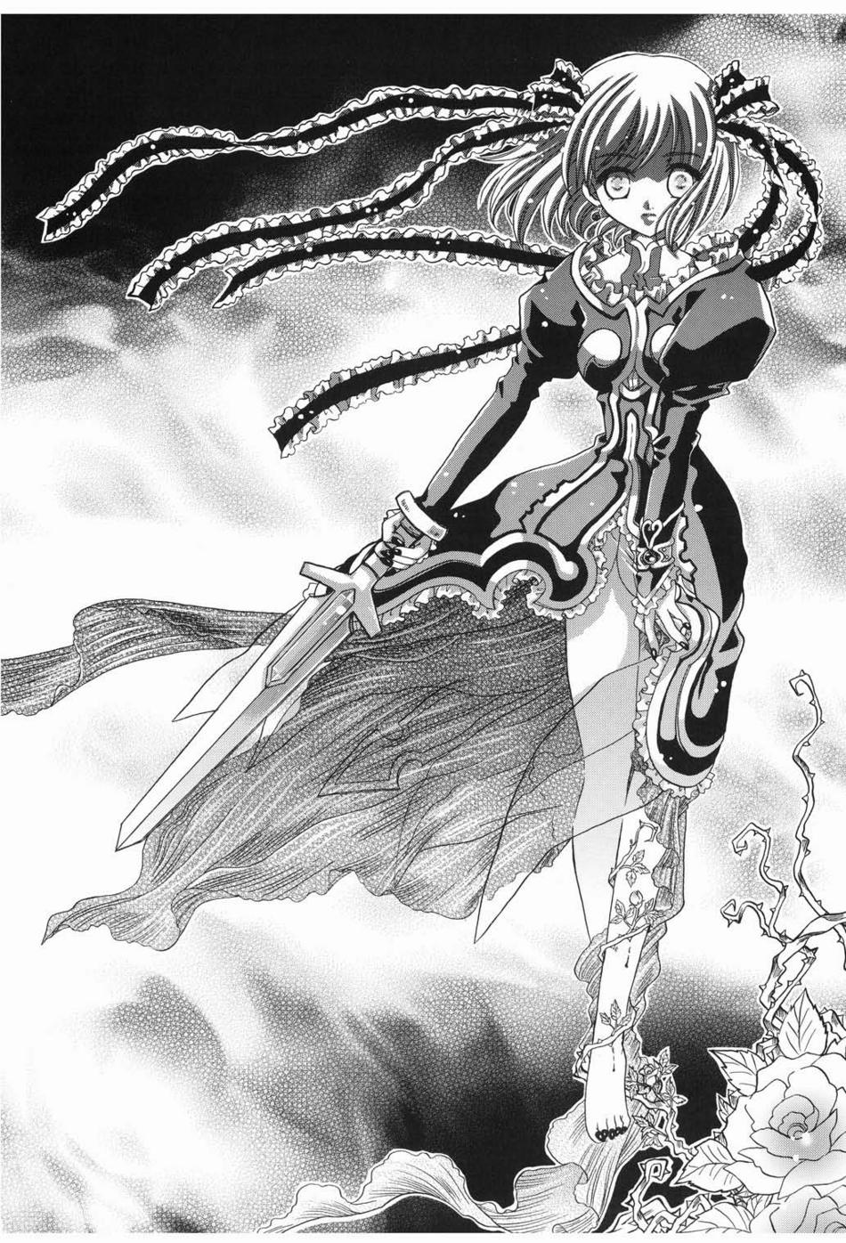 kazuki yuu, estellise sidos heurassein, tales of (series), tales of vesperia, highres, 00s, 1girl, bare legs, barefoot, blood, dark persona, dress, female focus, flower, frills, greyscale, looking at viewer, monochrome, nail polish, outline, plant, ribbon, rose, short hair, solo, sword, toenail polish, toenails, vines, weapon