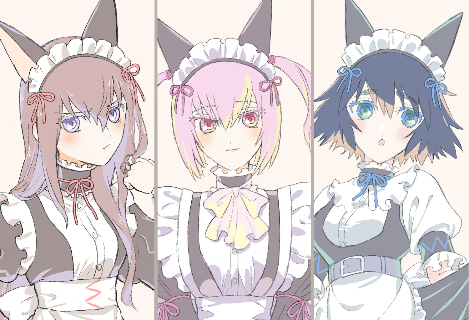 rocni, akiha rumiho, makise kurisu, shiina mayuri, science adventure, steins;gate, commentary request, 3girls, :o, alternate costume, animal ears, apron, aqua eyes, ascot, belt around waist, black hair, blush, bob cut, breasts, brown hair, cat ears, clothes lift, conventional maid, enmaided, fake animal ears, hair ornament, hand in own hair, long hair, looking at viewer, looking to the side, maid, maid apron, maid headdress, mayqueen maid uniform, medium breasts, multiple girls, no wig, pink eyes, pink hair, pout, short hair, sideways glance, skirt, skirt lift, small breasts, smile, white ascot
