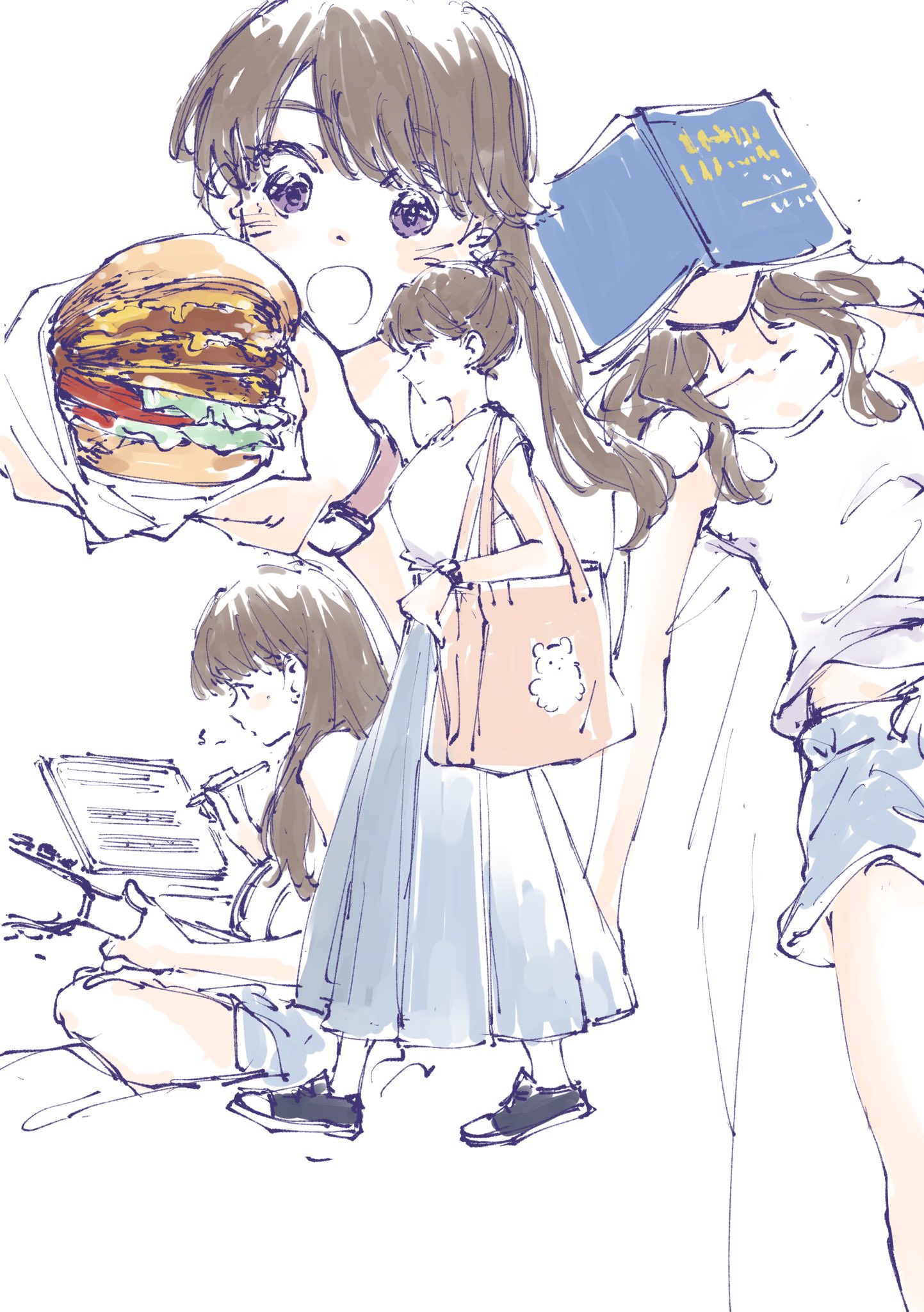 l9525, fujishima megumi, link! like! love live!, love live!, commentary request, highres, 1girl, :d, alternate costume, black shoes, book, book on face, brown hair, burger, camisole, collarbone, food, grey shorts, grey skirt, guitar, holding, holding burger, holding food, instrument, long hair, long skirt, midriff, multiple views, music, open book, open mouth, playing guitar, playing instrument, pleated skirt, ponytail, purple eyes, sheet music, shirt, shoes, short shorts, short sleeves, shorts, skirt, smile, virtual youtuber, walking, white camisole, white shirt, writing