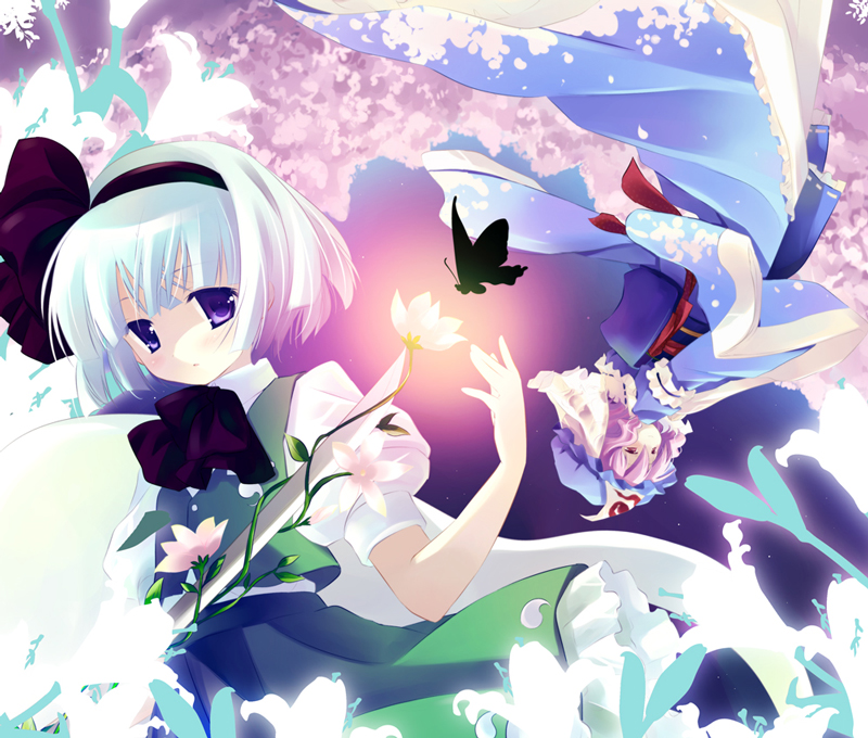natsume eri, konpaku youmu, konpaku youmu (ghost), saigyouji yuyuko, touhou, 2girls, bug, butterfly, female focus, flower, flying, ghost, glowing, hairband, hat, hitodama, insect, japanese clothes, katana, multiple girls, pink hair, purple eyes, short hair, sword, upside-down, weapon, white hair