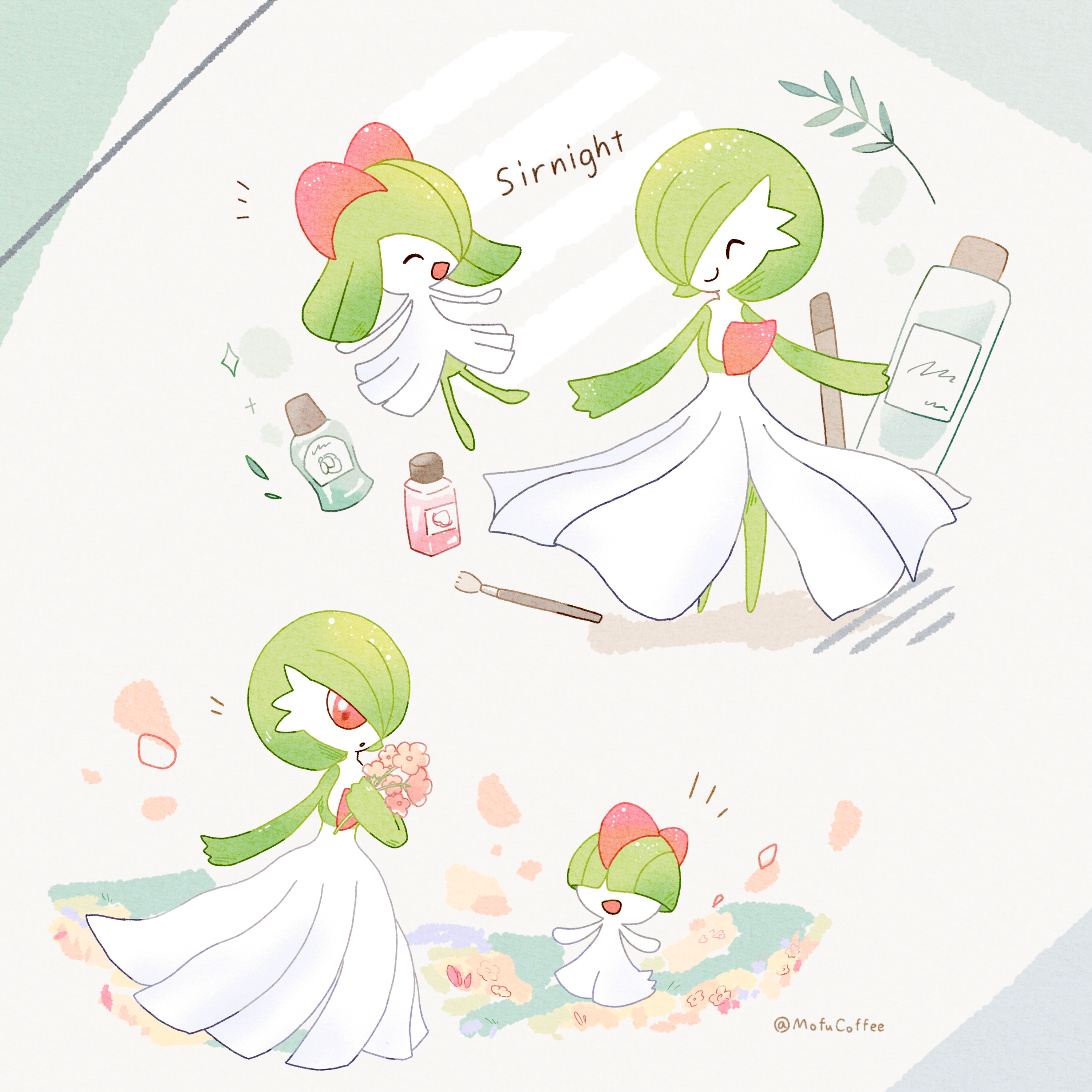 mofucoffee, gardevoir, kirlia, ralts, nintendo, pokemon, absurdres, commentary request, highres, :d, closed eyes, closed mouth, colored skin, gen 3 pokemon, green hair, hair over one eye, multicolored skin, open mouth, pokemon (creature), pokemon focus, red eyes, short hair, smile, twitter username, two-tone skin, white skin