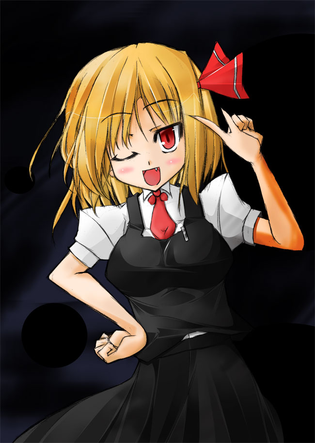 uhyo (uhyoahya), uhyoahya, rumia, embodiment of scarlet devil, touhou, 1girl, blonde hair, breasts, fang, female focus, hair ribbon, large breasts, one eye closed, open mouth, red eyes, ribbon, short hair, solo, wink