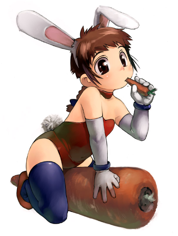 satou toshiyuki, original, animal ears, bare shoulders, braid, brown eyes, brown hair, carrot, choker, eating, elbow gloves, fake animal ears, flat chest, gloves, kneeling, long hair, oversized food, oversized object, playboy bunny, rabbit ears, rabbit tail, solo, straddling, tail, thighhighs