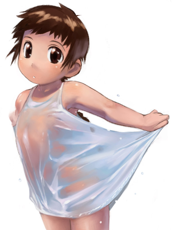 satou toshiyuki, original, 1girl, blush, braid, brown eyes, brown hair, cowboy shot, dripping, expressionless, female focus, loli, no panties, parted lips, see-through clothes, shirt, simple background, solo, wet, wet clothes, wet shirt, white background