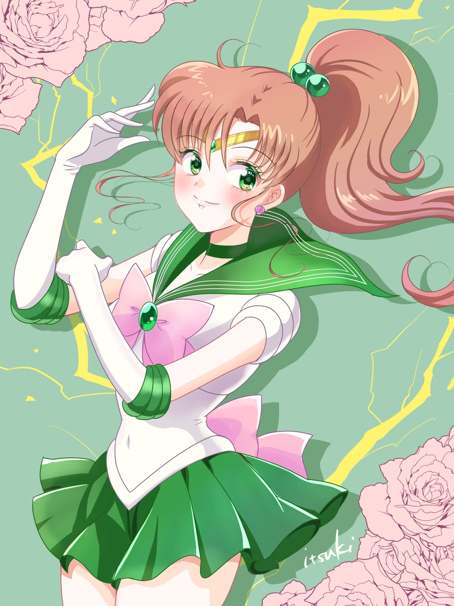 shiiba itsuki, kino makoto, sailor jupiter, bishoujo senshi sailor moon, commentary request, highres, 1girl, artist name, bow, brown hair, choker, cowboy shot, earrings, elbow gloves, flower, gloves, green background, green choker, green eyes, green sailor collar, green skirt, hair bobbles, hair ornament, jewelry, long hair, looking at viewer, magical girl, ponytail, rose, sailor collar, sailor senshi uniform, skirt, smile, tiara, white gloves
