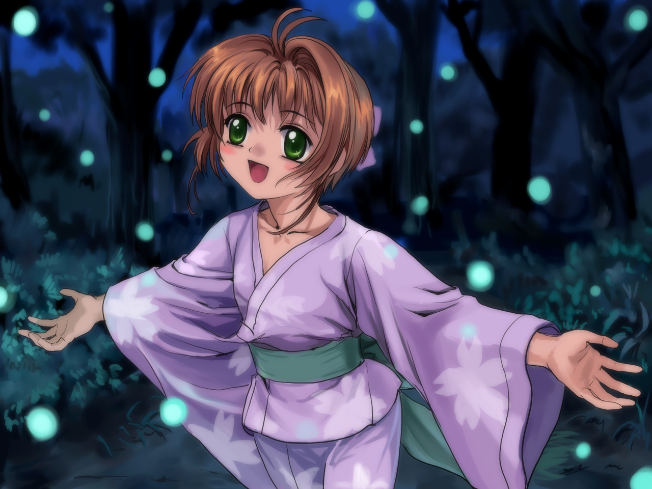 mutsuki (moonknives), kinomoto sakura, cardcaptor sakura, kodansha, 1990s (style), 1girl, brown hair, child, female focus, floral print, green eyes, japanese clothes, kimono, night, outstretched arms, pink kimono, print kimono, retro artstyle, short hair, solo, sparkle, spread arms, yukata