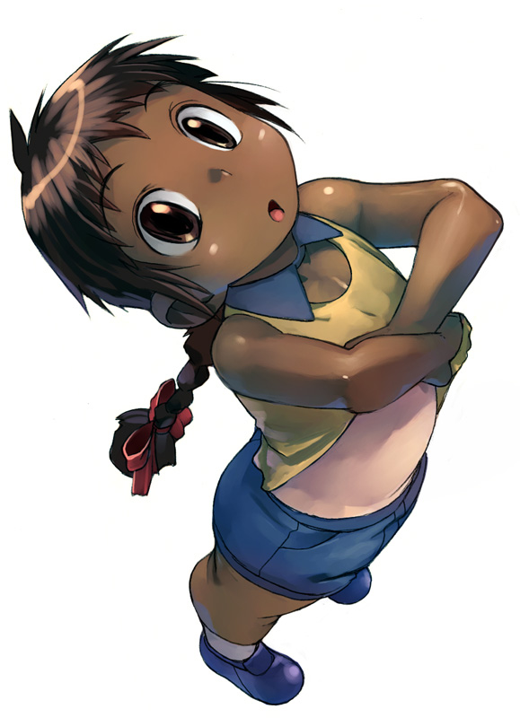satou toshiyuki, original, 1girl, :o, braid, brown eyes, brown hair, child, female focus, from above, full body, long hair, looking at viewer, looking up, shiny skin, shirt tan, shoes, shorts, simple background, solo, standing, tan, tanline, undressing, white background