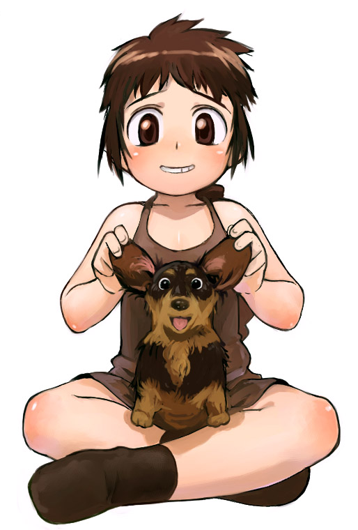 satou toshiyuki, original, blush, brown eyes, brown hair, child, dog, smile, socks, solo
