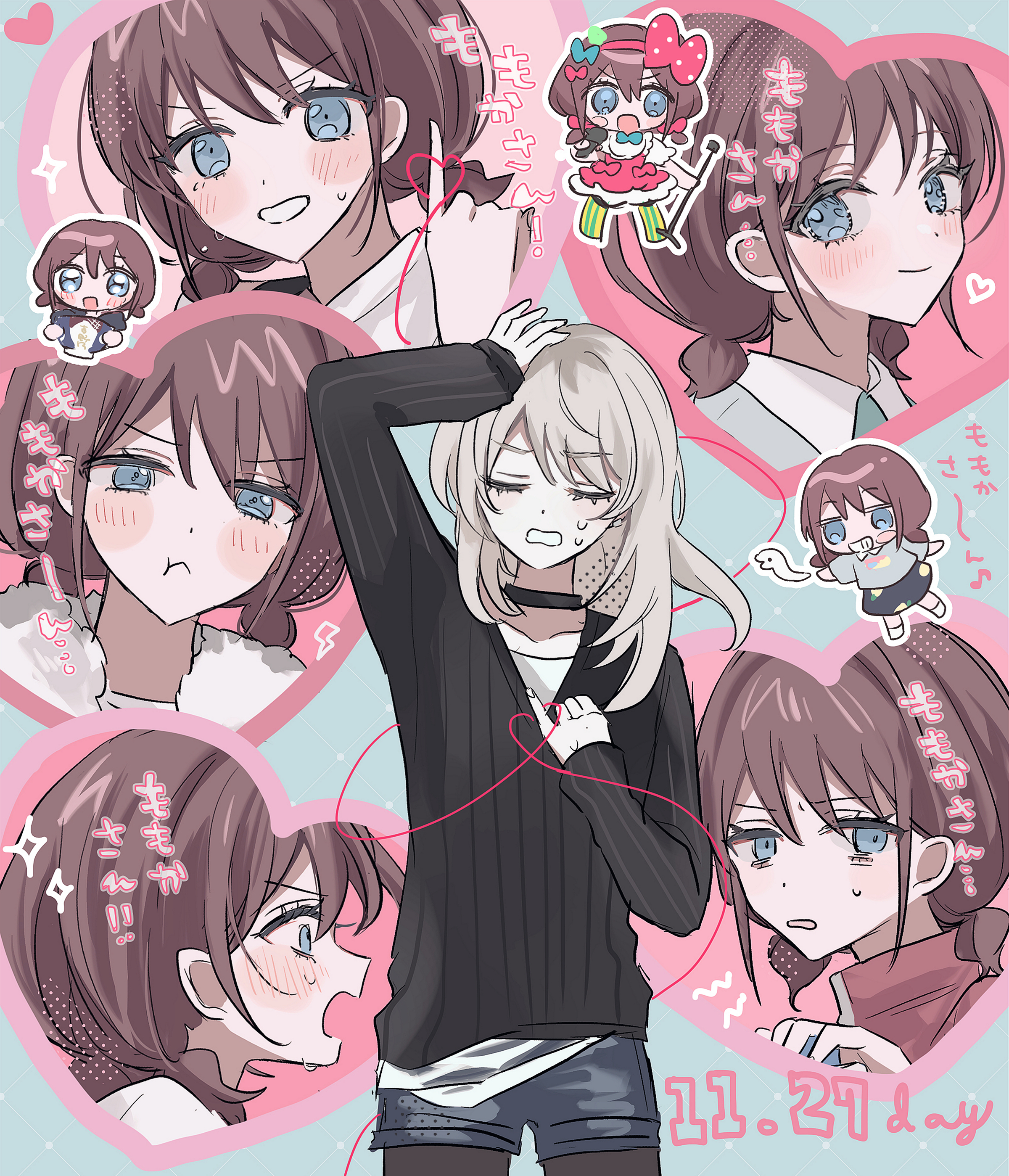 hamchan69, iseri nina, kawaragi momoka, girls band cry, absurdres, commentary, highres, 2girls, black choker, black pantyhose, black sweater, blue eyes, blue shorts, blush, bow, brown hair, chibi, chibi inset, choker, clutching chest, crying, crying with eyes open, dated, fur trim, grey hair, hair bow, heart, koe naki sakana, long hair, long sleeves, low twintails, multicolored hair, multiple girls, open mouth, pantyhose, pantyhose under shorts, pinky out, pout, roots (hair), short hair, short twintails, shorts, string, string of fate, sweatdrop, sweater, tears, twintails, yuri