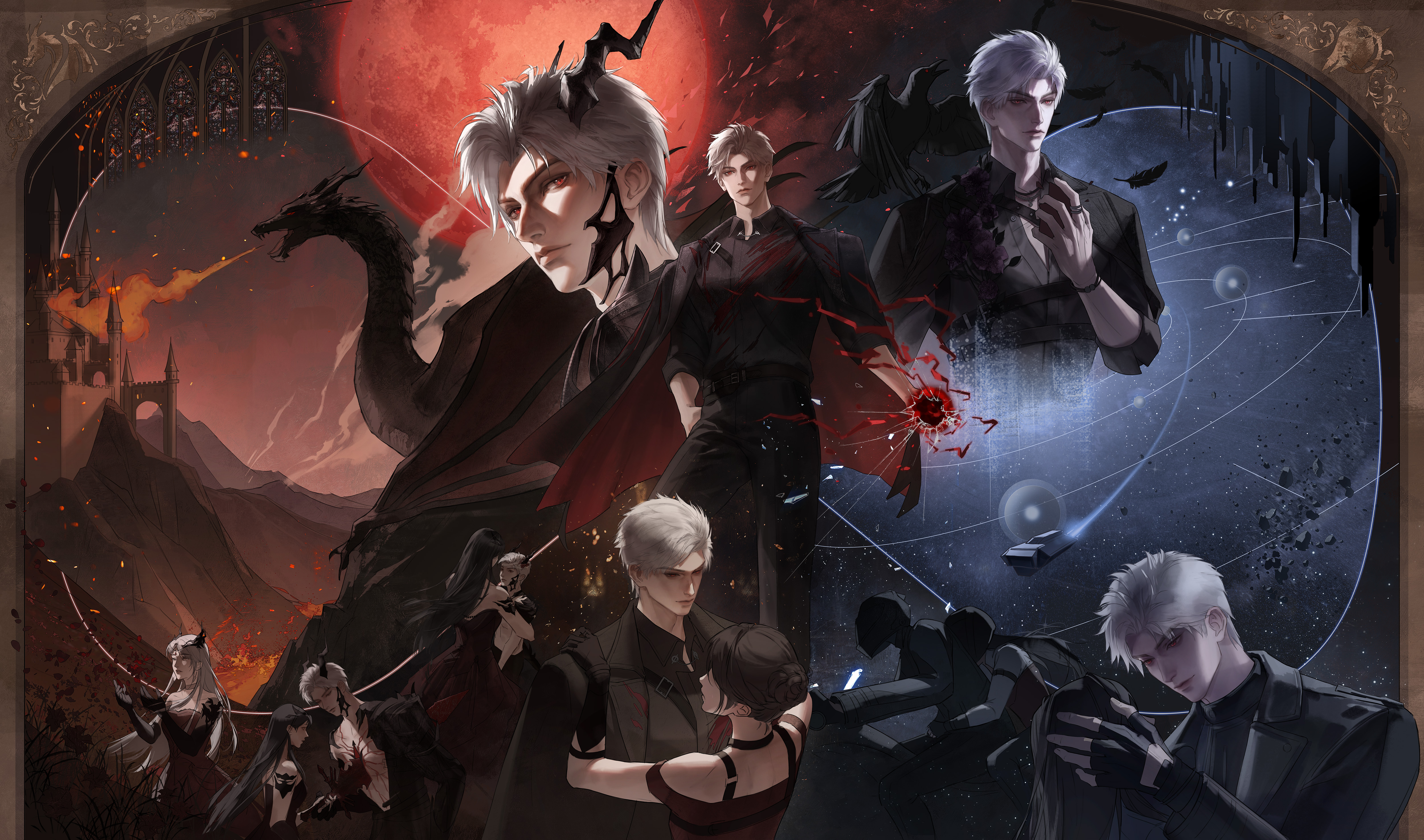 protagonist (love and deepspace), sylus (love and deepspace), love and deepspace, absurdres, highres, 1boy, 1girl, bird, black bird, black choker, black feathers, black gloves, black horns, black jacket, black pants, black shirt, border, building, chest jewel, chest tattoo, choker, claws, closed mouth, couple, crow, dragon, dragon boy, dress, falling feathers, feathers, fingerless gloves, fire, gloves, hair bun, hand in pocket, hand on another's head, harness, hetero, horns, impaled, jacket, jewelry, long hair, long sleeves, looking at another, looking at viewer, mephisto (love and deepspace), moon, mountain, multiple views, ornate border, pants, parted bangs, planet, red dress, red eyes, red moon, ring, shirt, short hair, sleeves rolled up, smile, star (symbol), tattoo, two-sided fabric, white hair, yun kawa