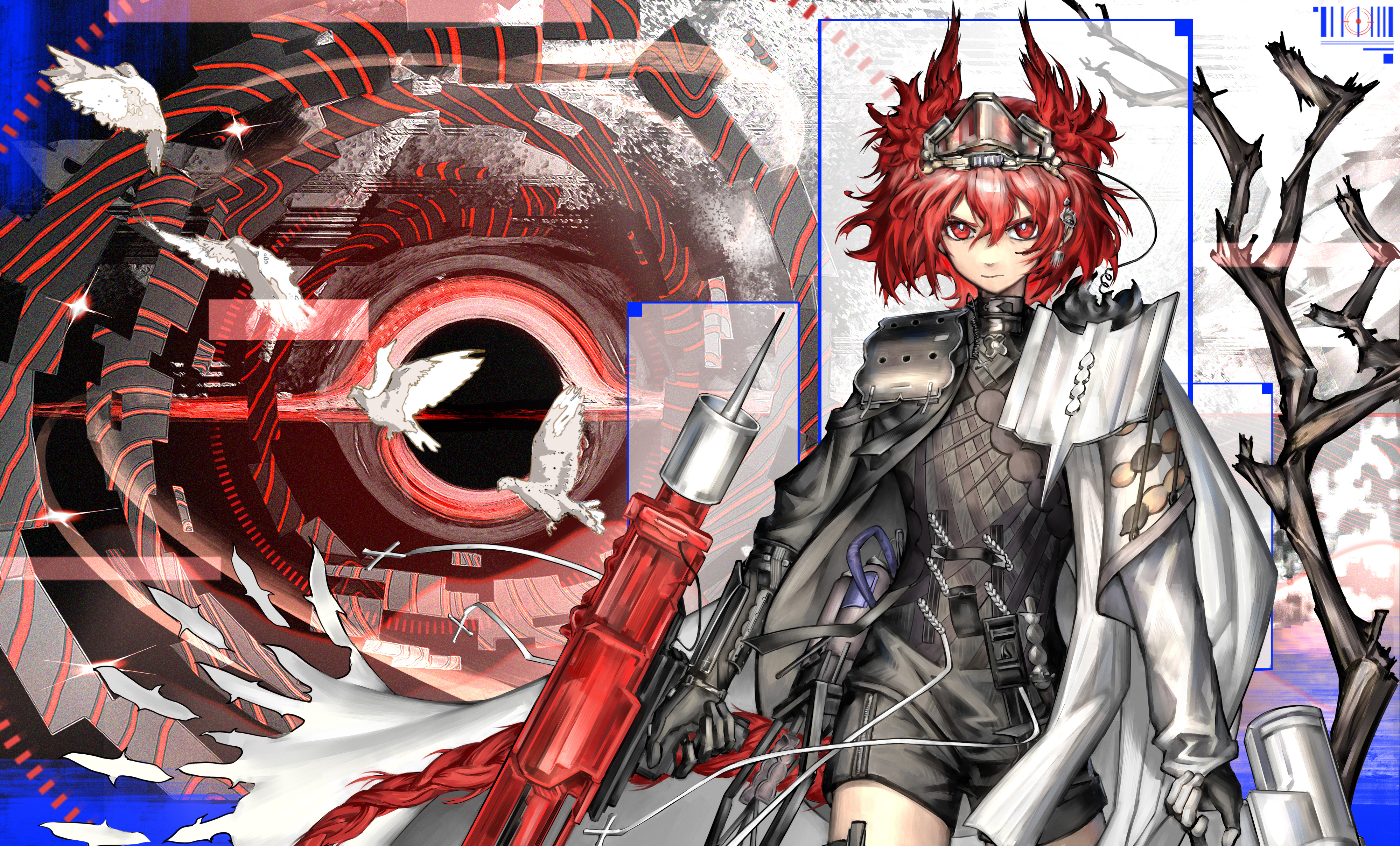 eudaemonm, fiammetta (arknights), fiammetta (judgment day) (arknights), arknights, absurdres, commentary request, highres, 1girl, animal ears, bird, black dress, black gloves, black jacket, black shorts, dove, dress, feather hair, gloves, gun, holding, holding gun, holding weapon, jacket, long sleeves, looking at viewer, medium hair, official alternate costume, red eyes, red hair, shorts, solo, weapon, white jacket, wide shot