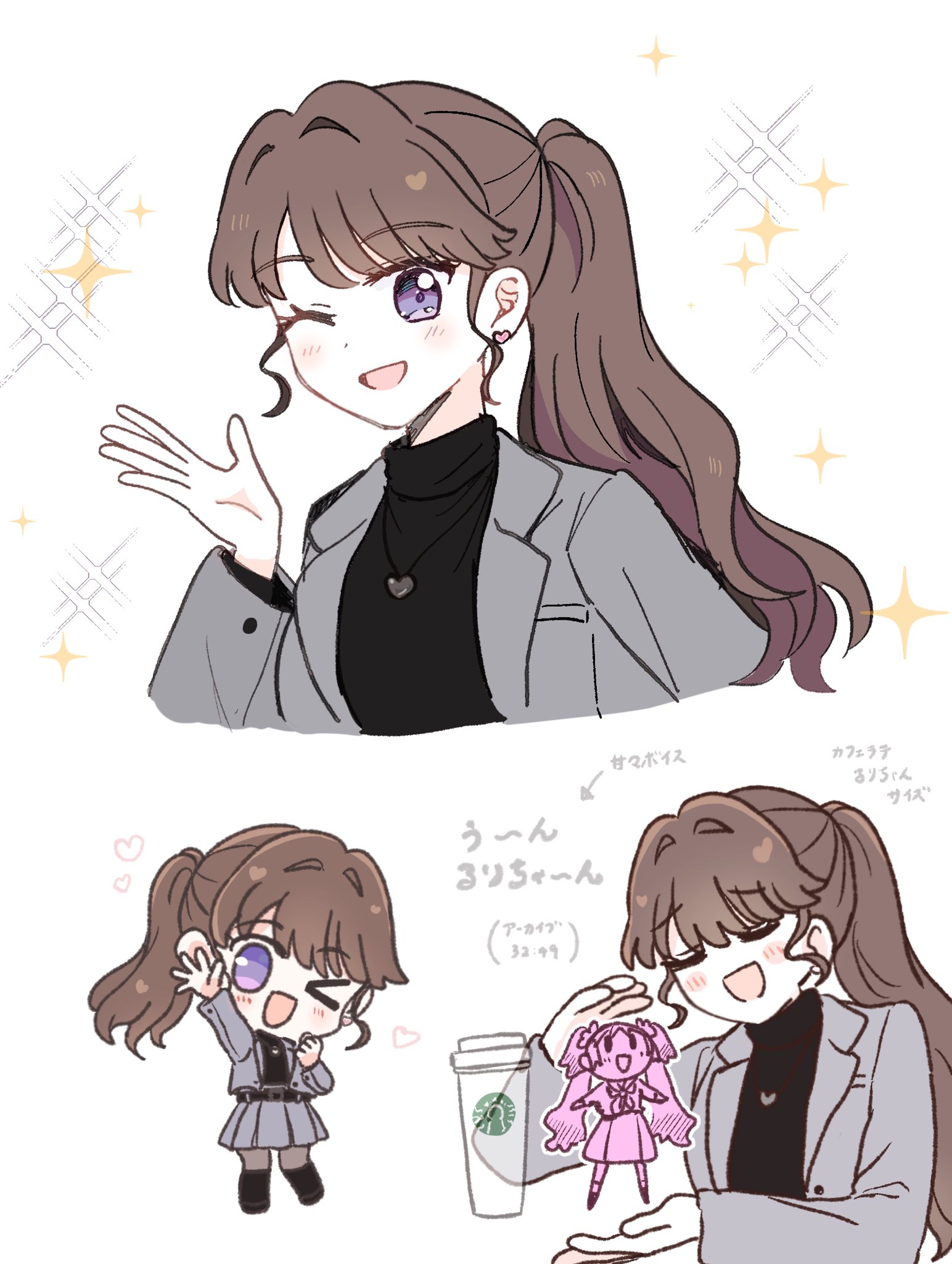 watage modoki, fujishima megumi, fujishima megumi (post-graduation), osawa rurino, link! like! love live!, love live!, starbucks, commentary request, highres, > o, 2girls, ;d, black boots, black pantyhose, black sweater, boots, brown hair, chibi, cup, disposable coffee cup, disposable cup, earrings, grey jacket, grey skirt, heart, heart earrings, heart necklace, jacket, jewelry, kneehighs, long hair, looking at viewer, mini person, minigirl, miniskirt, multiple girls, multiple views, necklace, one eye closed, open clothes, open jacket, open mouth, pantyhose, pleated skirt, ponytail, purple eyes, sidelocks, skirt, smile, socks, stud earrings, suit jacket, sweater