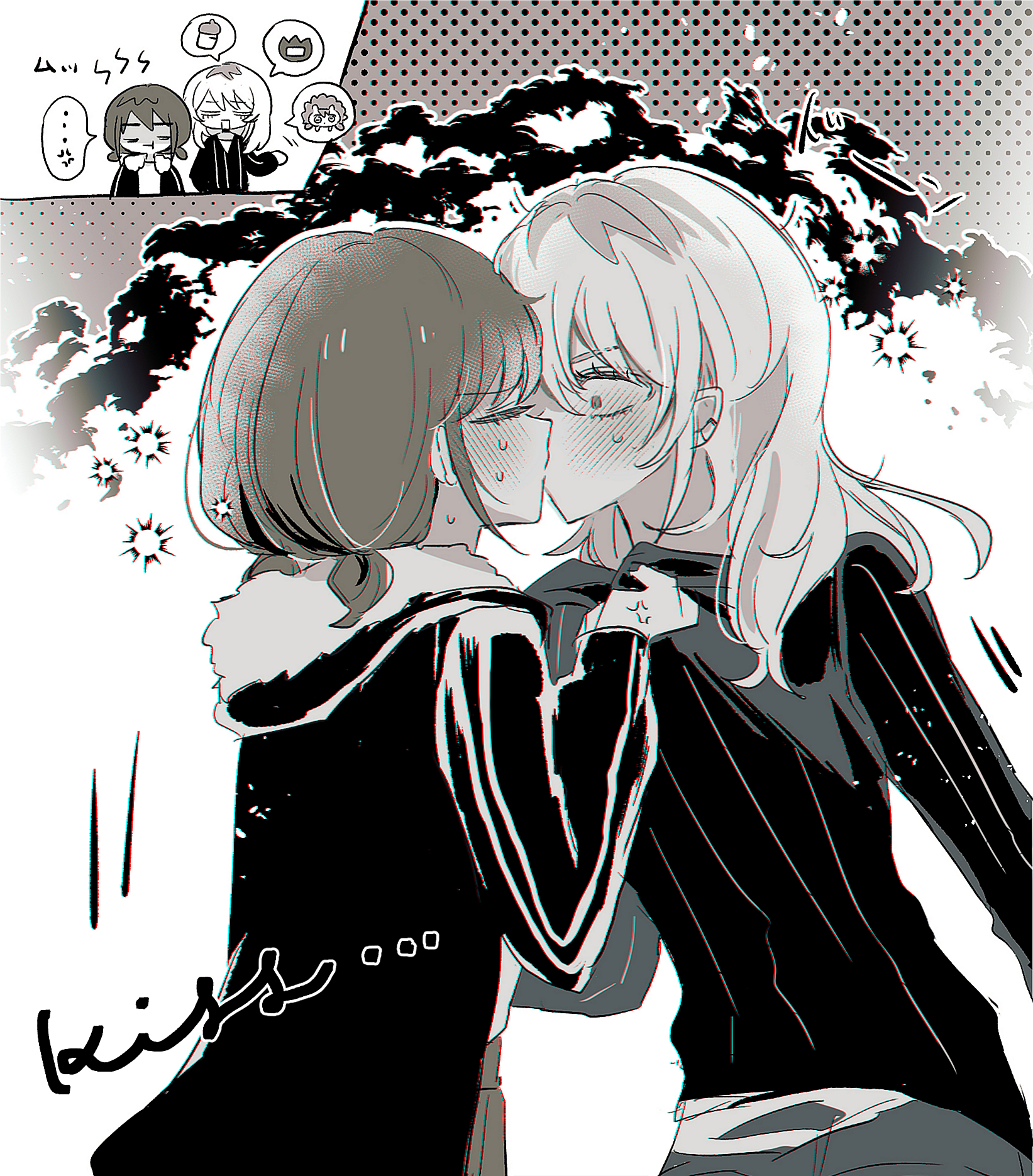 hamchan69, iseri nina, kawaragi momoka, girls band cry, commentary, highres, 2girls, anger vein, classroom, closed eyes, closed mouth, earclip, hood, hood down, kiss, long hair, low twintails, multiple girls, short hair, short twintails, sidelocks, spoken anger vein, sweater, twintails, yuri