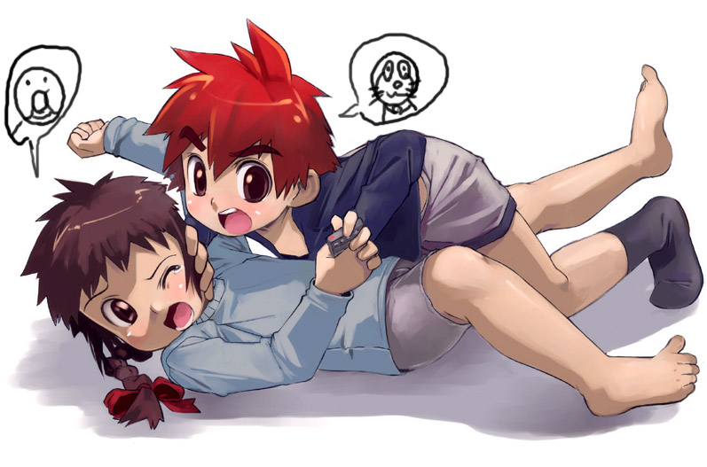 satou toshiyuki, doraemon (character), original, 2girls, angry, barefoot, blush, braid, brown hair, child, controller, feet, multiple girls, red hair, remote control, short hair, shorts, socks