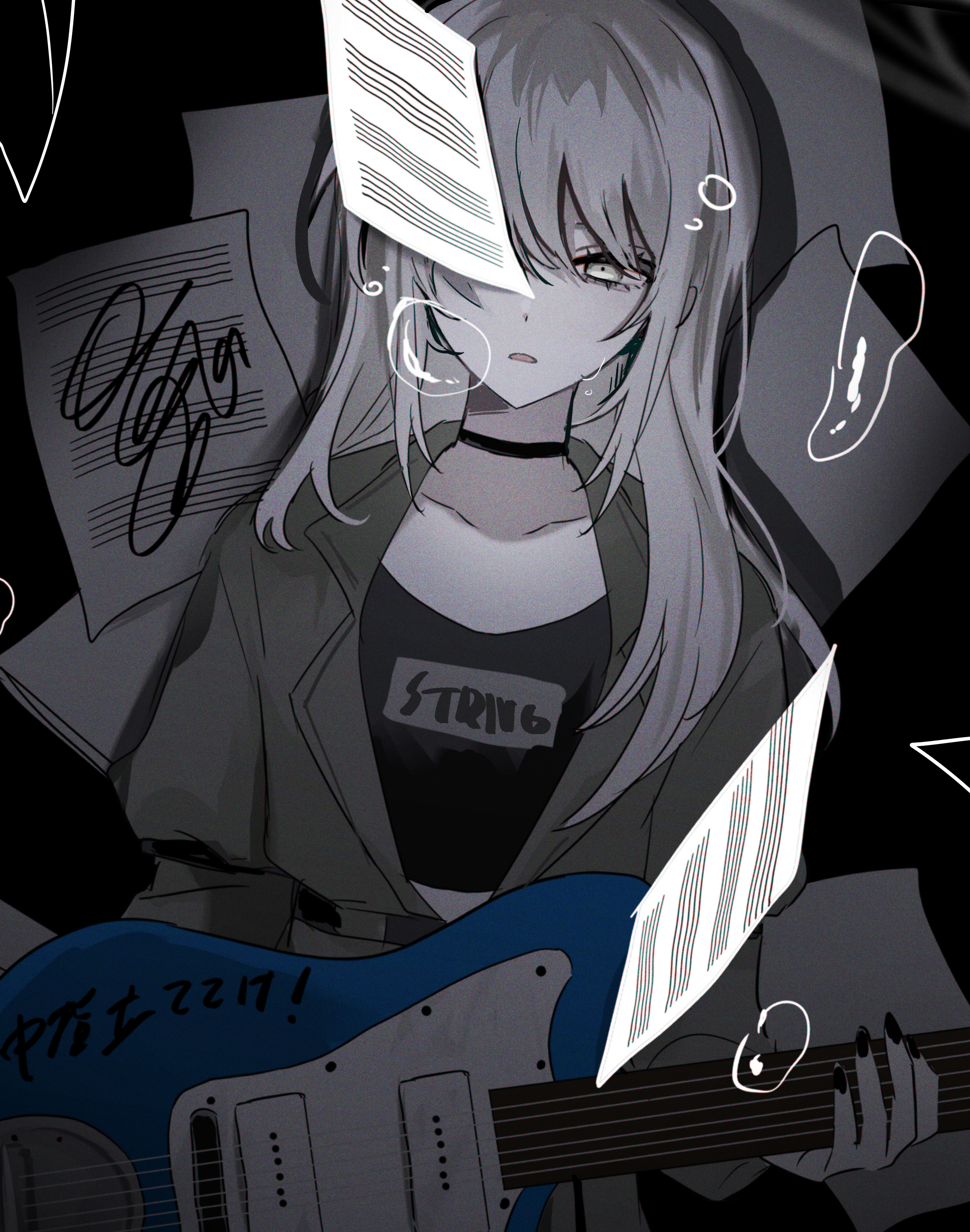 hamchan69, kawaragi momoka, girls band cry, absurdres, commentary, highres, 1girl, black background, black choker, black nails, black shirt, brown coat, choker, coat, collarbone, electric guitar, falling paper, fender jazzmaster, grey eyes, grey hair, guitar, hair between eyes, instrument, long hair, multicolored hair, nail polish, open clothes, open coat, open mouth, roots (hair), sheet music, shirt, solo