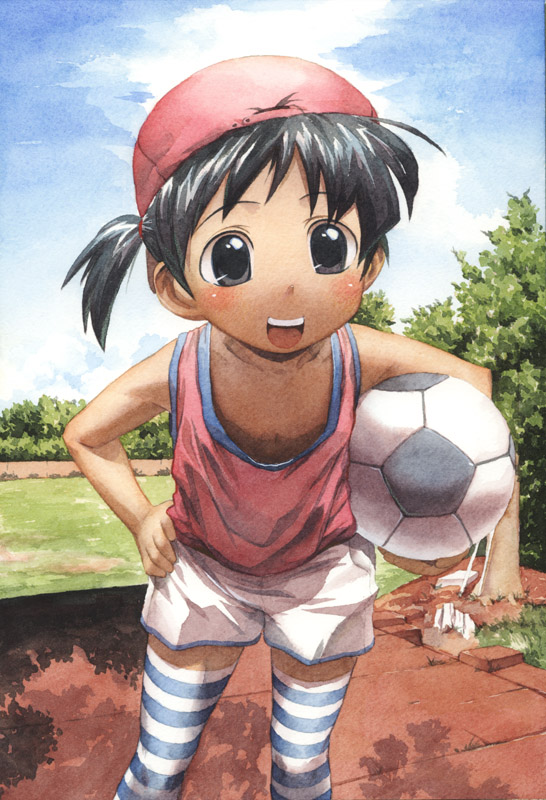 satou toshiyuki, 1girl, ball, black eyes, black hair, blush, carrying, carrying under arm, day, female focus, hand on own hip, hat, outdoors, shirt, shorts, soccer ball, solo, standing, striped clothes, striped thighhighs, teeth, telstar, thighhighs, tomboy, upper teeth only