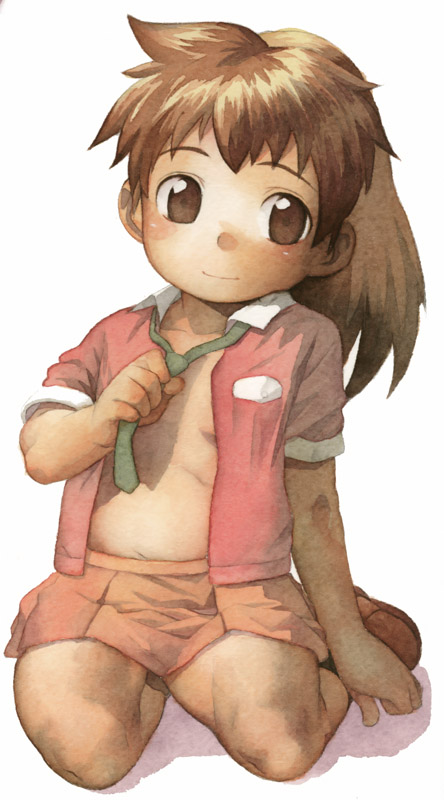 satou toshiyuki, copyright request, 1girl, blush, brown eyes, brown hair, female focus, kneeling, loli, necktie, open clothes, open shirt, ponytail, shirt, smile, solo, undressing