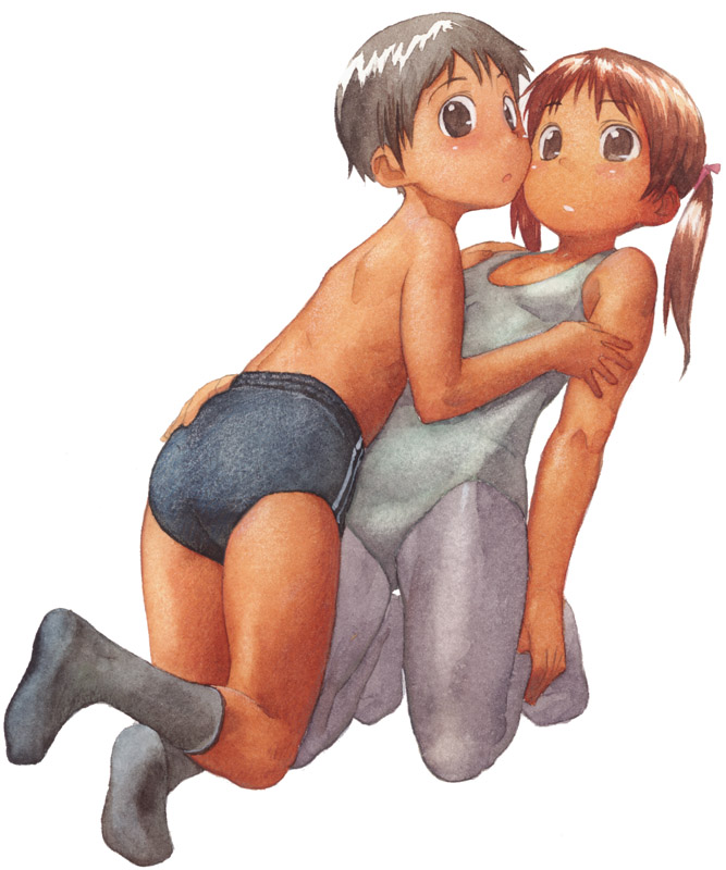satou toshiyuki, original, bad source, 1boy, 1girl, ass, ballerina, black pantyhose, blush, brown hair, buruma, crossdressing, hand on another's ass, leotard, multiple girls, pantyhose, shota, socks, topless female, topless male, twintails, white pantyhose