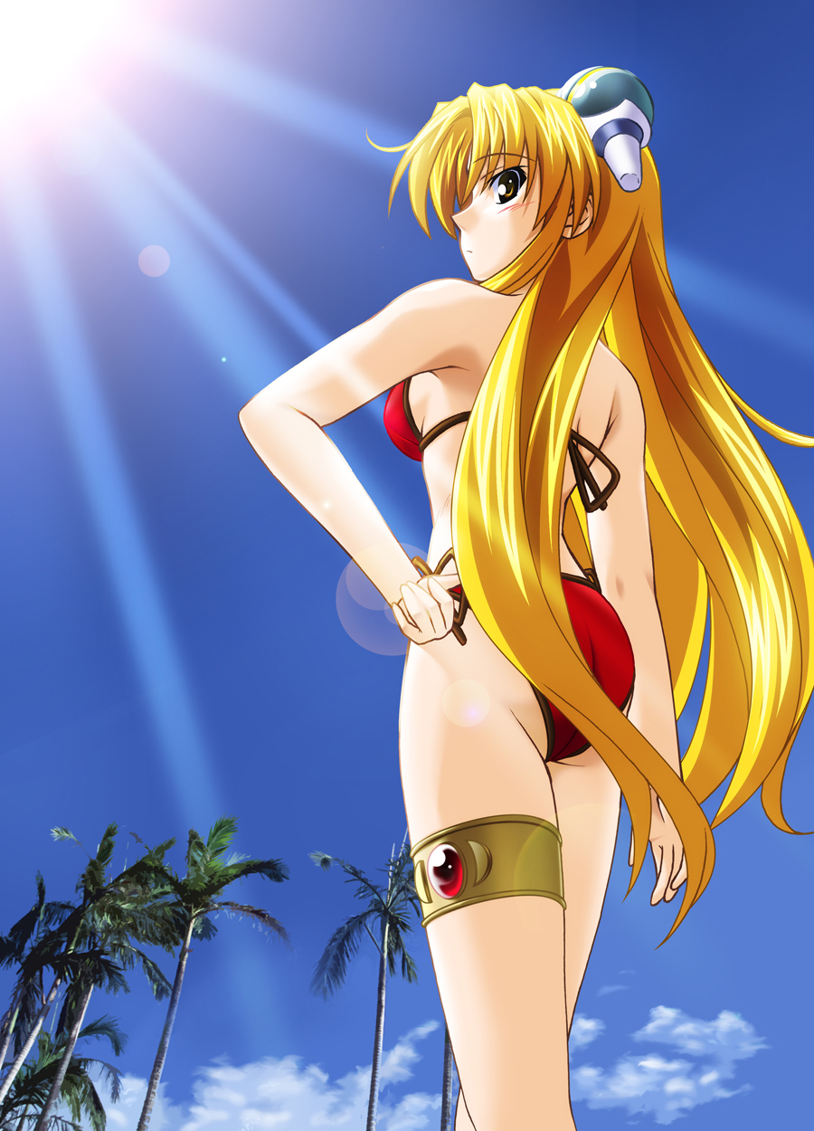 musashiya chougenbou, ranpha franboise, galaxy angel, highres, non-web source, 00s, 1girl, ass, bikini, blonde hair, brown eyes, cloud, day, female focus, from below, hand on own hip, hip focus, lens flare, light rays, long hair, looking back, palm tree, side-tie bikini bottom, sky, solo, sunbeam, sunlight, swimsuit, tree
