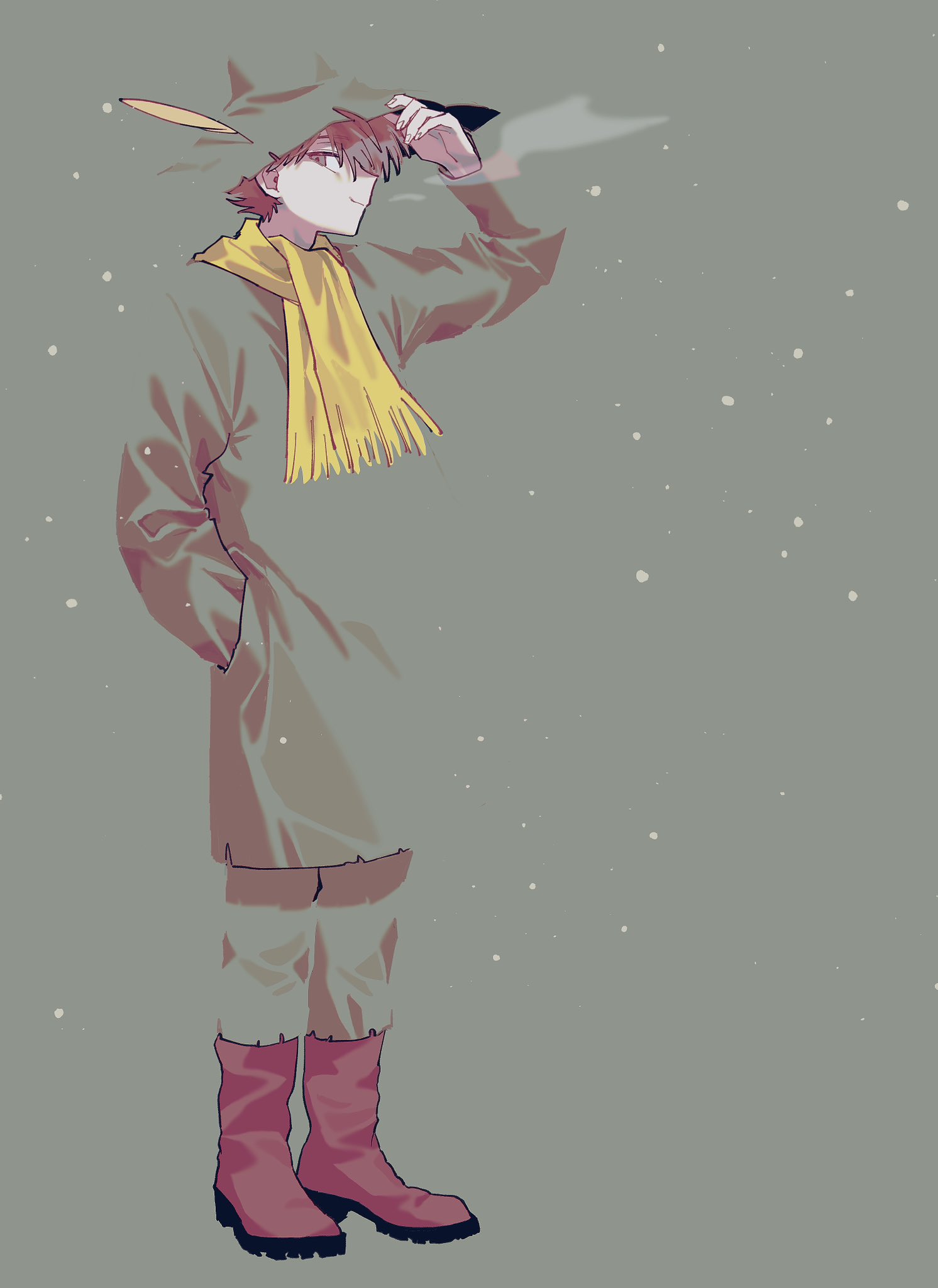 snufkin, moomin, commentary request, highres, 1boy, adjusting clothes, adjusting headwear, arm up, boots, breath, brown boots, brown eyes, closed mouth, coat, grey background, hand in pocket, hat, kan 002, long sleeves, looking back, male focus, pants, scarf, sideways glance, smile, snow, solo, standing, yellow scarf