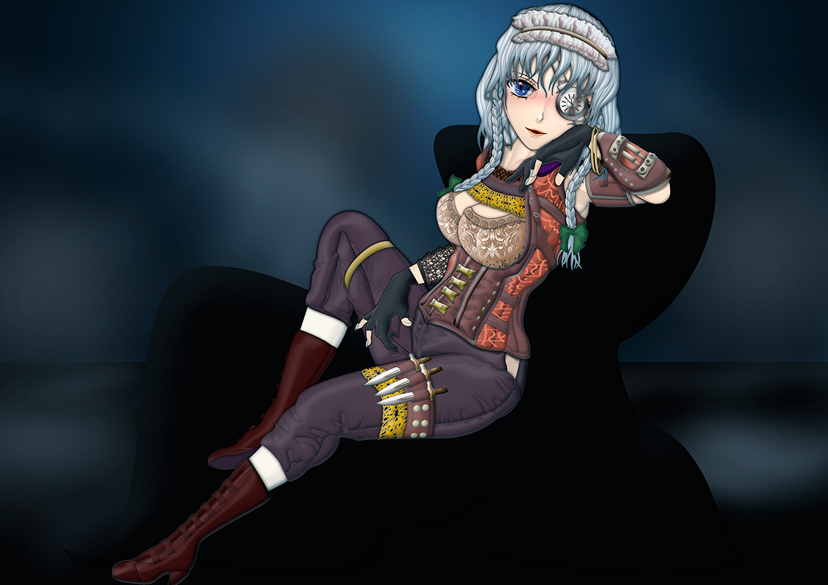 kams, izayoi sakuya, touhou, commentary request, alternate costume, black gloves, blue eyes, blush, boots, bow, braid, breasts, brown boots, brown corset, clock, corset, eyepatch, gloves, green bow, hair bow, high heel boots, high heels, knife, knife belt, large breasts, leather, leather pants, looking at viewer, maid headdress, nose blush, open mouth, pants, partially fingerless gloves, sitting, smile, twin braids, white hair