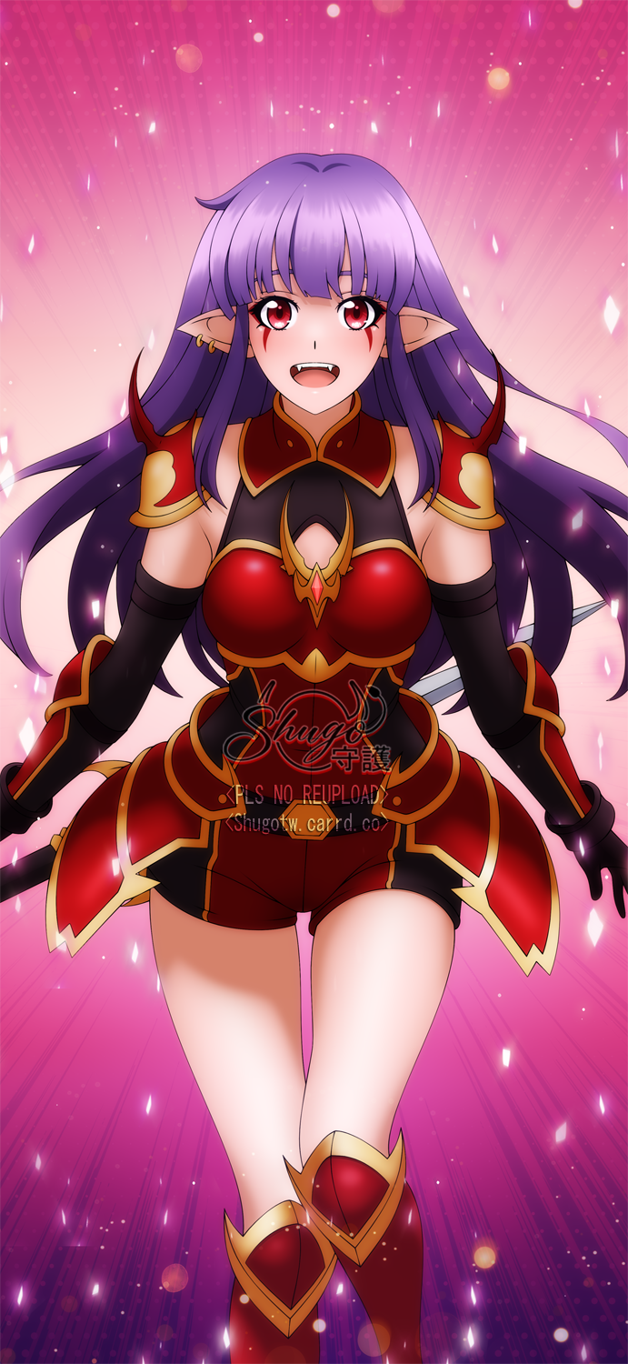 shugo19, esil radiru, solo leveling, clothing request, commentary, commission, english commentary, highres, 1girl, :d, armor, armored boots, artist name, black boots, black gloves, blunt bangs, boots, breastplate, breasts, breasts apart, demon girl, ear piercing, elbow gloves, fangs, feet out of frame, floating hair, gloves, gradient background, greaves, holding, holding polearm, holding weapon, light particles, long hair, looking at viewer, medium breasts, open mouth, pauldrons, piercing, pink background, pointy ears, polearm, purple hair, red armor, red boots, red eyes, shoulder armor, sidelocks, skindentation, smile, solo, spiked pauldrons, spikes, straight-on, teeth, thigh gap, tongue, two-tone background, upper teeth only, watermark, weapon, web address, white background, yellow armor, yellow boots