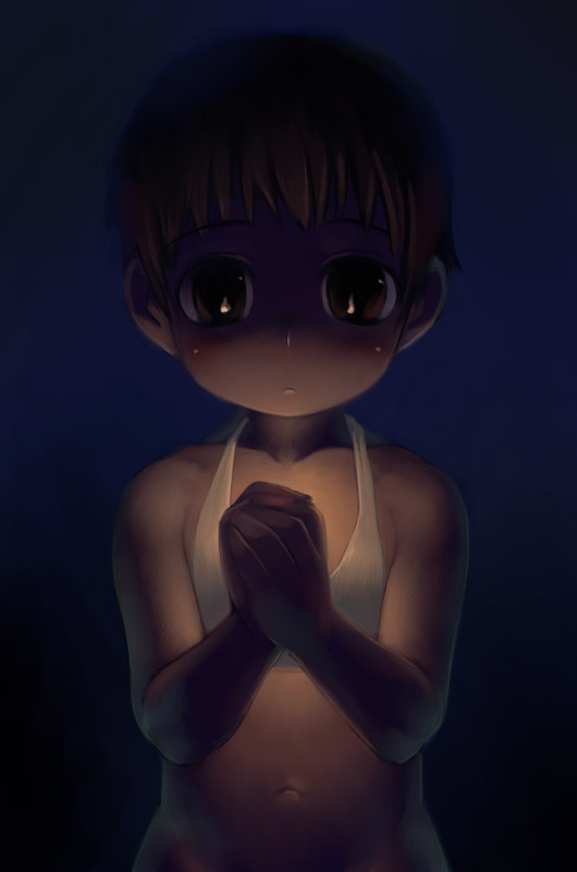 satou toshiyuki, light, bikini, blush, brown eyes, dark, night, own hands together, solo, swimsuit