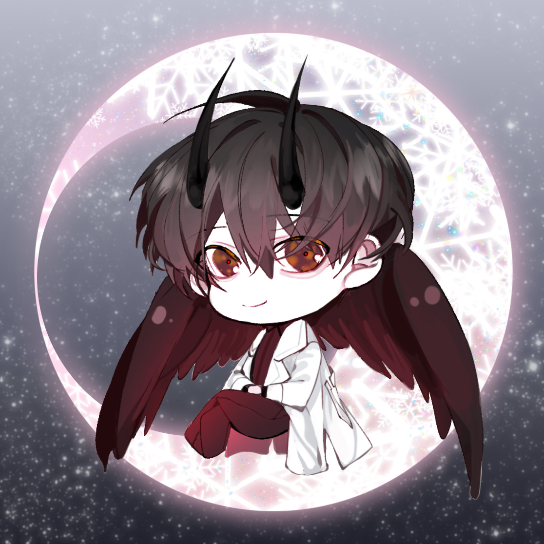 hayu beck, kim dokja, omniscient reader's viewpoint, commentary request, korean commentary, 1boy, aegyo sal, black eyes, black hair, black shirt, black wings, chibi, chibi only, coat, crescent, crossed legs, demon horns, feathered wings, full body, hands on lap, horns, looking at viewer, male focus, open clothes, open coat, shirt, short hair, sitting, smile, snowflake print, solo, white coat, wings