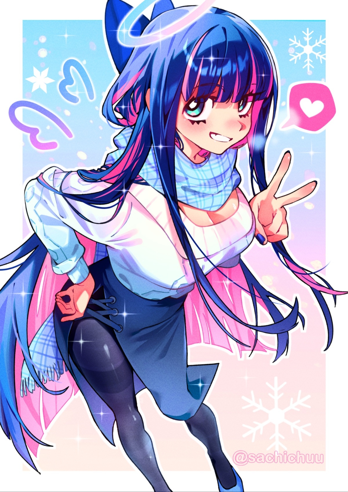 sachichuu, stocking (psg), panty & stocking with garterbelt, commentary, english commentary, highres, 1girl, aqua eyes, black pantyhose, blue nails, blue scarf, blue shoes, blue skirt, blunt bangs, blunt ends, blush, border, breasts, bright pupils, colored inner hair, drawn wings, fingernails, foot out of frame, grin, halo, hand on own hip, heart, large breasts, leaning forward, long hair, long sleeves, looking at viewer, multicolored hair, multicolored halo, nail polish, outside border, pantyhose, pink hair, plaid clothes, plaid scarf, purple hair, scarf, shoes, side slit, skirt, smile, snowflakes, solo, sparkle, spoken heart, standing, sweater, thighband pantyhose, twitter username, two-tone hair, two-tone halo, v, very long hair, white border, white pupils, white sweater