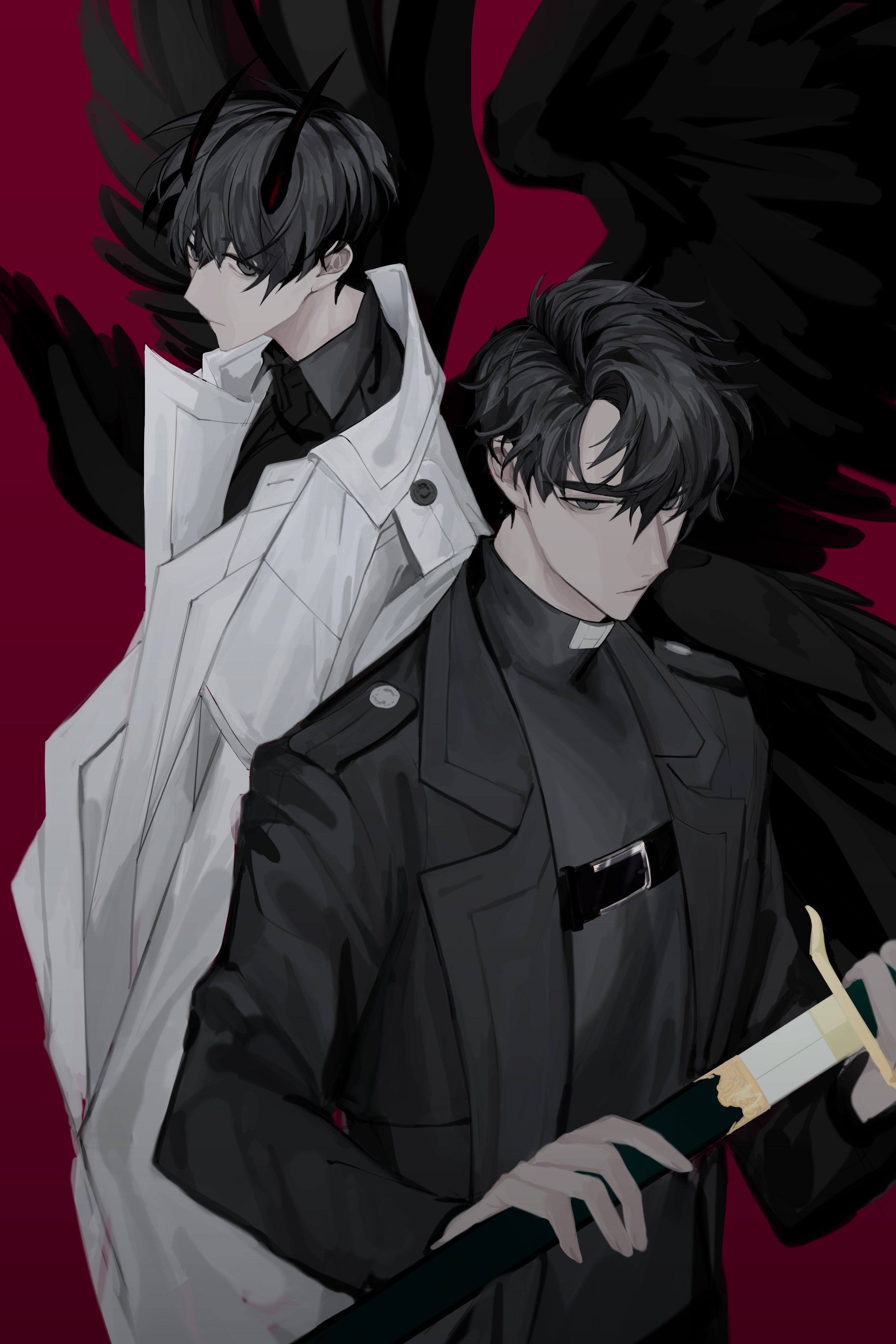 hayu beck, kim dokja, yoo joonghyuk, omniscient reader's viewpoint, absurdres, commentary request, highres, korean commentary, 2boys, black coat, black eyes, black hair, black shirt, black wings, chest belt, coat, demon horns, feathered wings, holding, holding sword, holding weapon, horns, male focus, multiple boys, multiple wings, official alternate costume, open clothes, open coat, popped collar, sheath, shirt, short hair, sword, unsheathing, upper body, weapon, white coat, wings