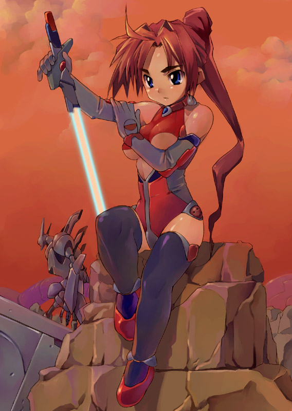 satou toshiyuki, 1girl, blue eyes, breasts, elbow gloves, female focus, gloves, leotard, long hair, mecha, medium breasts, ponytail, red hair, red leotard, robot, rock, sitting, solo, sunset, sword, thighhighs, underboob, weapon