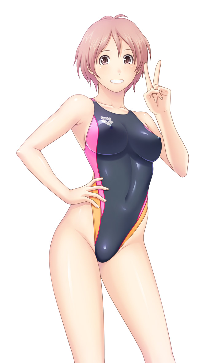 kuri (kurigohan), arena (company), 1girl, blush, breasts, brown eyes, brown hair, competition swimsuit, covered erect nipples, female focus, grin, hand on own hip, highleg, highleg one-piece swimsuit, hip focus, navel, one-piece swimsuit, pink eyes, pink hair, shiny clothes, short hair, simple background, skin tight, smile, solo, swimsuit, v, white background
