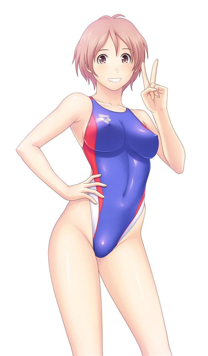 kuri (kurigohan), arena (company), 1girl, blush, breasts, brown eyes, brown hair, competition swimsuit, covered erect nipples, female focus, grin, hand on own hip, highleg, highleg one-piece swimsuit, hip focus, navel, one-piece swimsuit, pink eyes, pink hair, shiny clothes, short hair, simple background, skin tight, smile, solo, standing, swimsuit, v, white background