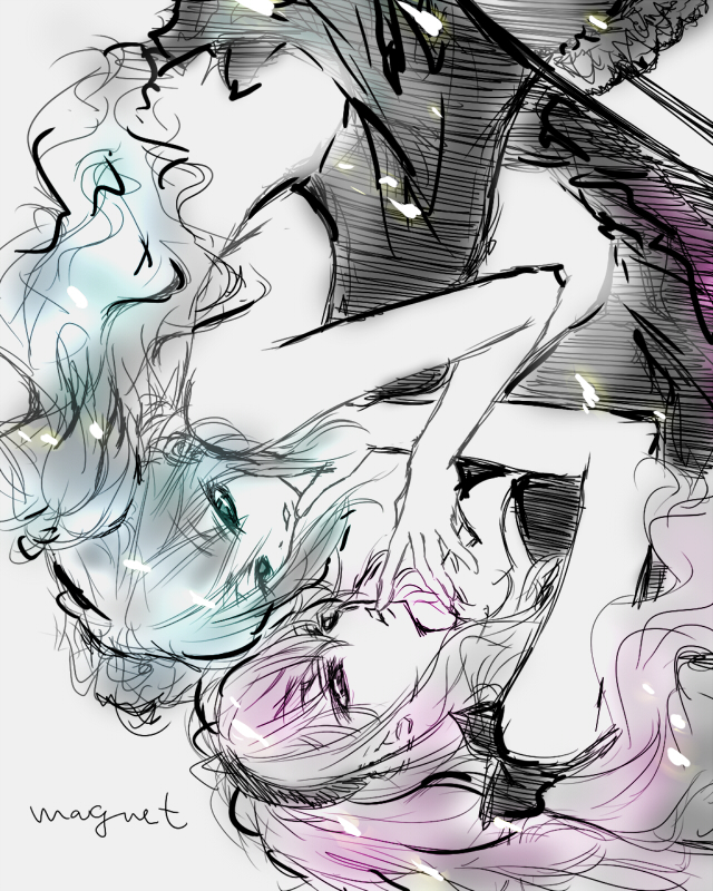 touya (artist), touya (roukaku), hatsune miku, megurine luka, magnet (vocaloid), vocaloid, 2girls, bare shoulders, black bow, black dress, black hairband, blue eyes, blue hair, bow, breasts, colored skin, copyright name, dress, eye contact, finger to another's mouth, hairband, long hair, looking at another, multiple girls, pink eyes, pink hair, simple background, sleeveless, sleeveless dress, small breasts, twintails, upside-down, wavy hair, white background, white skin, yuri