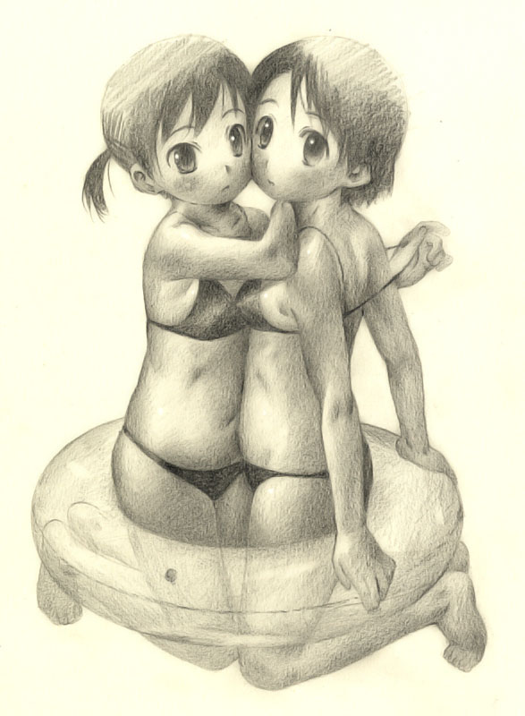 satou toshiyuki, traditional media, 2girls, barefoot, bikini, blush, breast press, breasts, child, innertube, kneeling, monochrome, multiple girls, short hair, small breasts, swim ring, swimsuit, symmetrical docking, yellow background, yellow theme