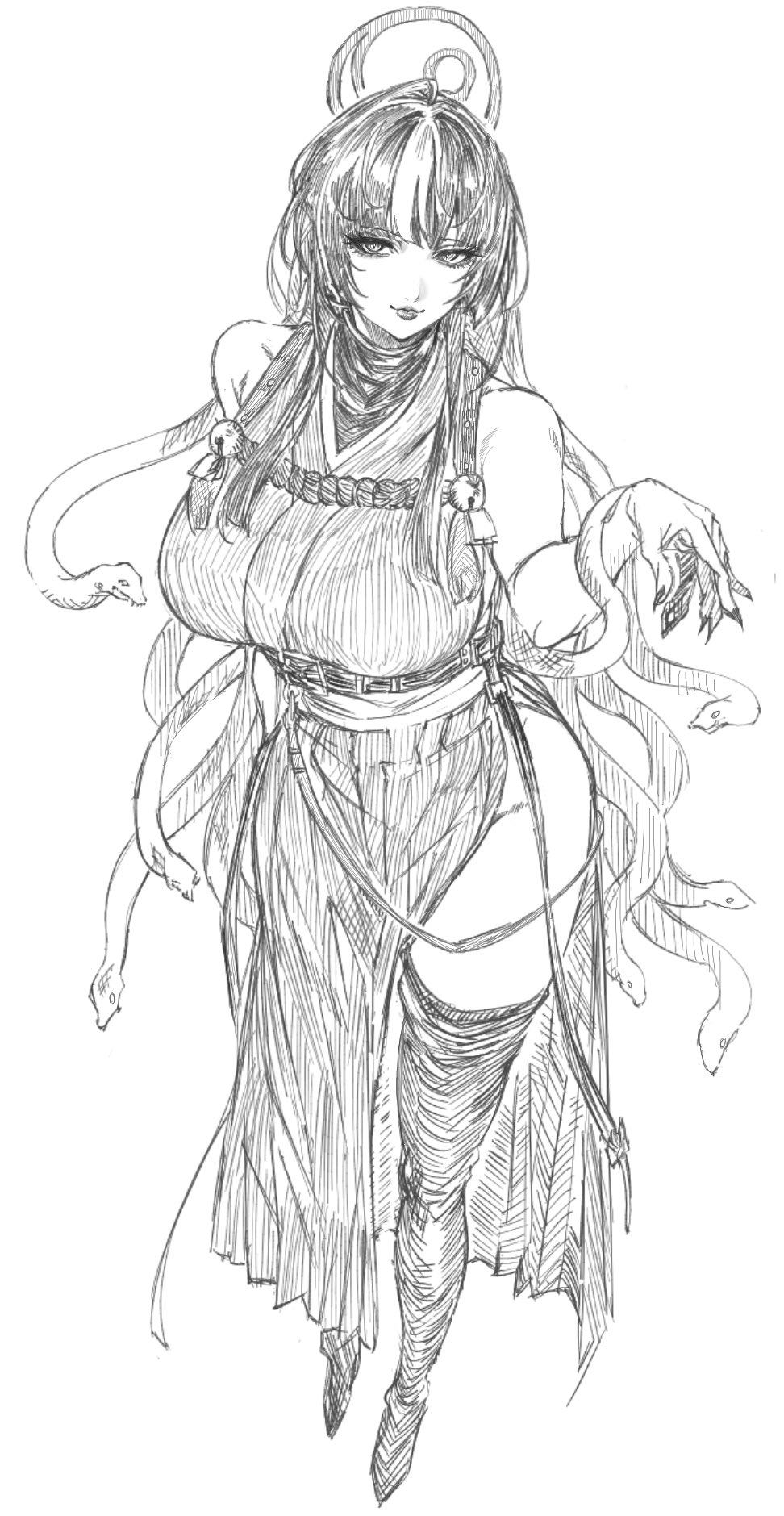 indinu, azami (blue archive), blue archive, highres, 1girl, boots, breasts, full body, greyscale, groin, halo, high heel boots, high heels, japanese clothes, kimono, large breasts, lips, long hair, monochrome, multicolored hair, side slit, simple background, sketch, sleeveless, sleeveless kimono, snake, snake hair, solo, two-tone hair, white background