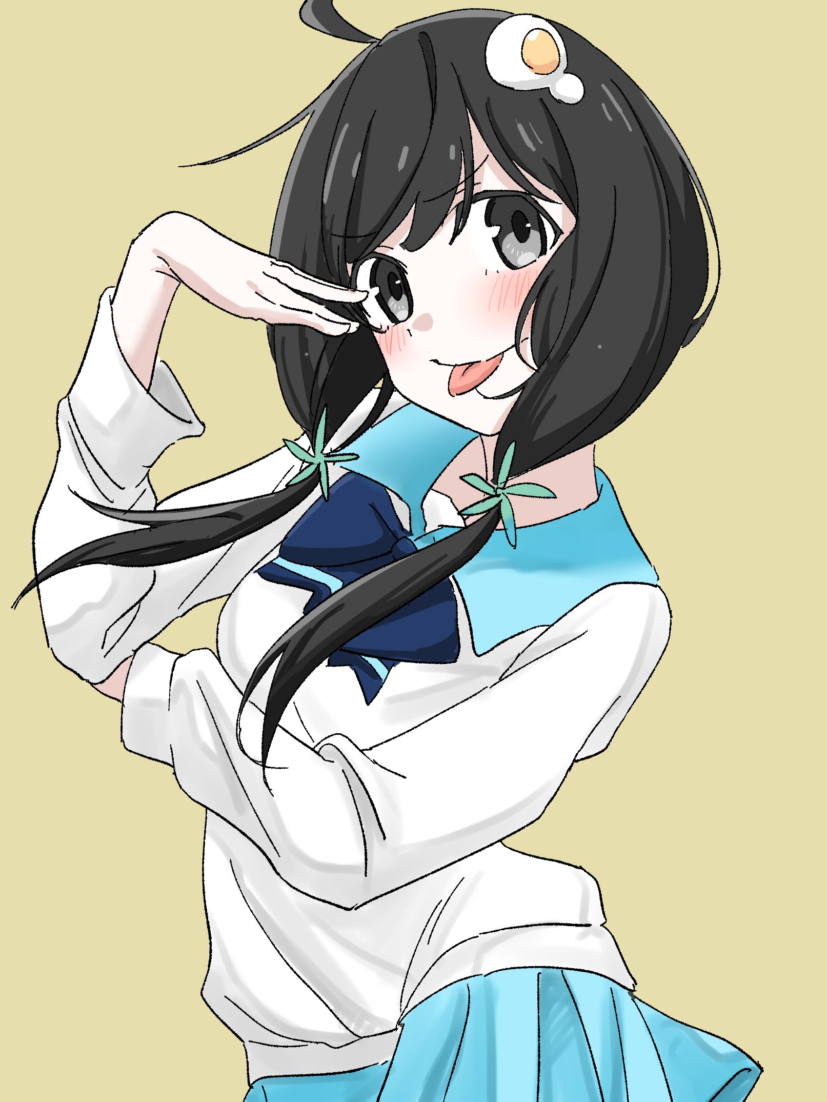 araragi tsukihi, monogatari (series), commentary, commentary request, highres, mixed-language commentary, 1girl, black eyes, black hair, blush, collared shirt, contrapposto, cow, egg hair ornament, food-themed hair ornament, hair between eyes, hair ornament, long hair, long sleeves, nao art, school uniform, shirt, simple background, skirt, solo, tongue, tongue out, twintails, white shirt, yellow background