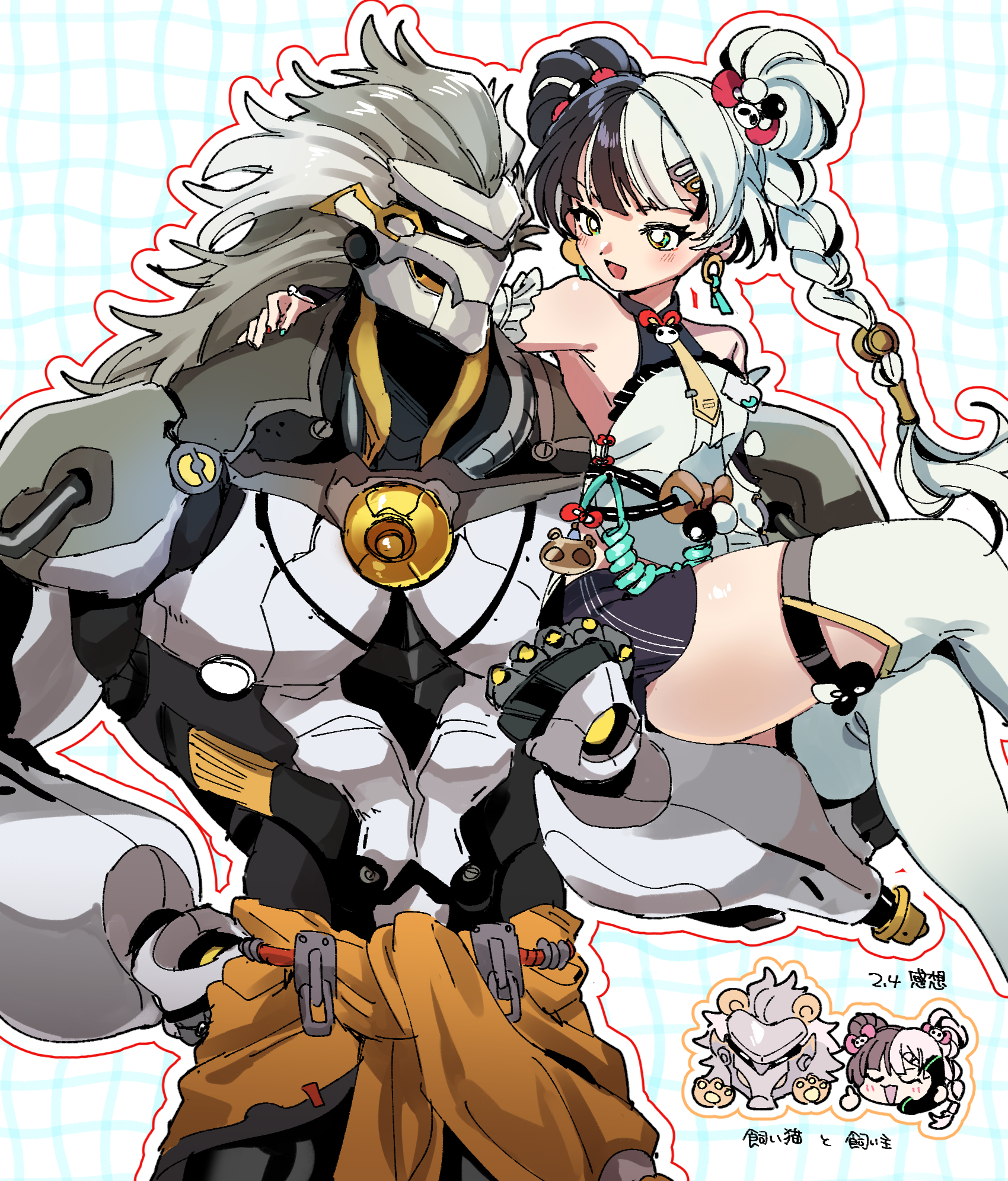 banyue (zenless zone zero), dialyn (zenless zone zero), zenless zone zero, commentary request, highres, translation request, 1boy, 1girl, aqua nails, artificial eye, bare shoulders, black hair, black shorts, blush, braid, braided twintails, carrying, checkered background, chibi, child carry, china dress, chinese clothes, closed eyes, clothed robot, clothes around waist, corded phone, detached sleeves, double bun, dress, earrings, grey hair, hair bun, hair extensions, hair ornament, hairclip, hand on another's shoulder, humanoid robot, jewelry, long hair, looking at another, mechanical eye, mechanical hands, metal skin, multicolored hair, multicolored nails, necktie, open mouth, orb, outline, panda hair ornament, phone, red nails, ring hair extensions, robot, robot boy, shorts, sososokikaku, split-color hair, thighhighs, white background, white hair, white outline, white thighhighs, yellow necktie