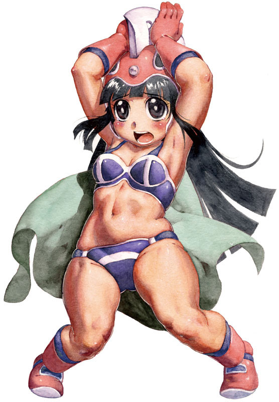 satou toshiyuki, chi-chi (dragon ball), dragon ball, 1girl, aged down, armor, armpits, belly, bikini armor, black eyes, black hair, blush, boots, cape, female focus, full body, gloves, helmet, hime cut, loli, long hair, muscular, muscular child, navel, pink boots, simple background, solo, white background