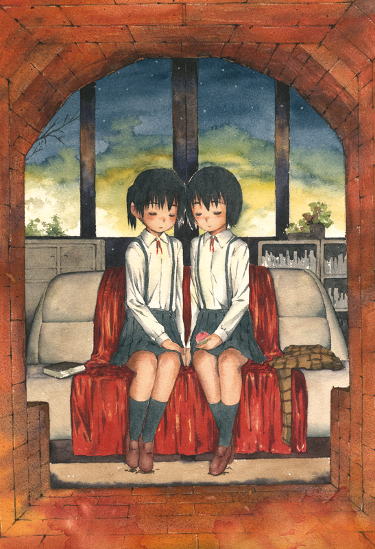 satou toshiyuki, 2girls, black hair, blush, closed eyes, couch, fireplace, multiple girls, short hair, sitting, skirt, suspenders