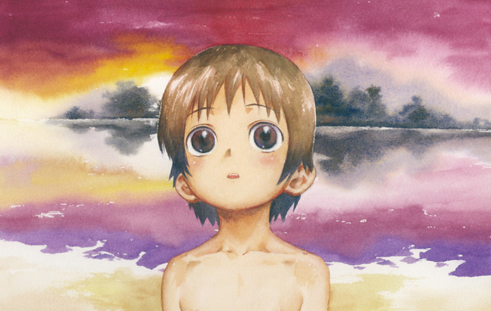 satou toshiyuki, painting (medium), traditional media, watercolor (medium), 1girl, blush, brown hair, female focus, loli, portrait, short hair, sky, solo, topless female