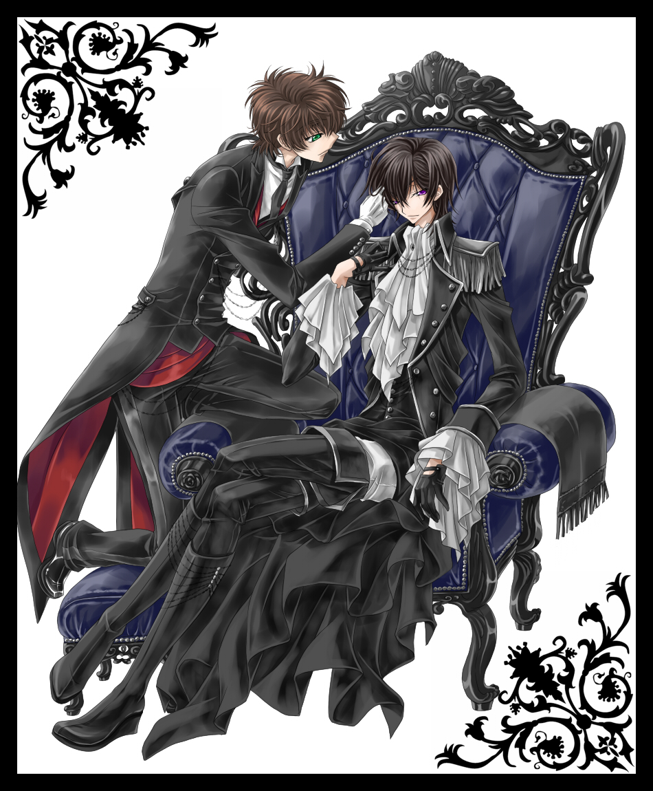 touya (artist), touya (roukaku), kururugi suzaku, lelouch vi britannia, code geass, md5 mismatch, 00s, 2boys, formal clothes, male focus, military uniform, multiple boys, white background