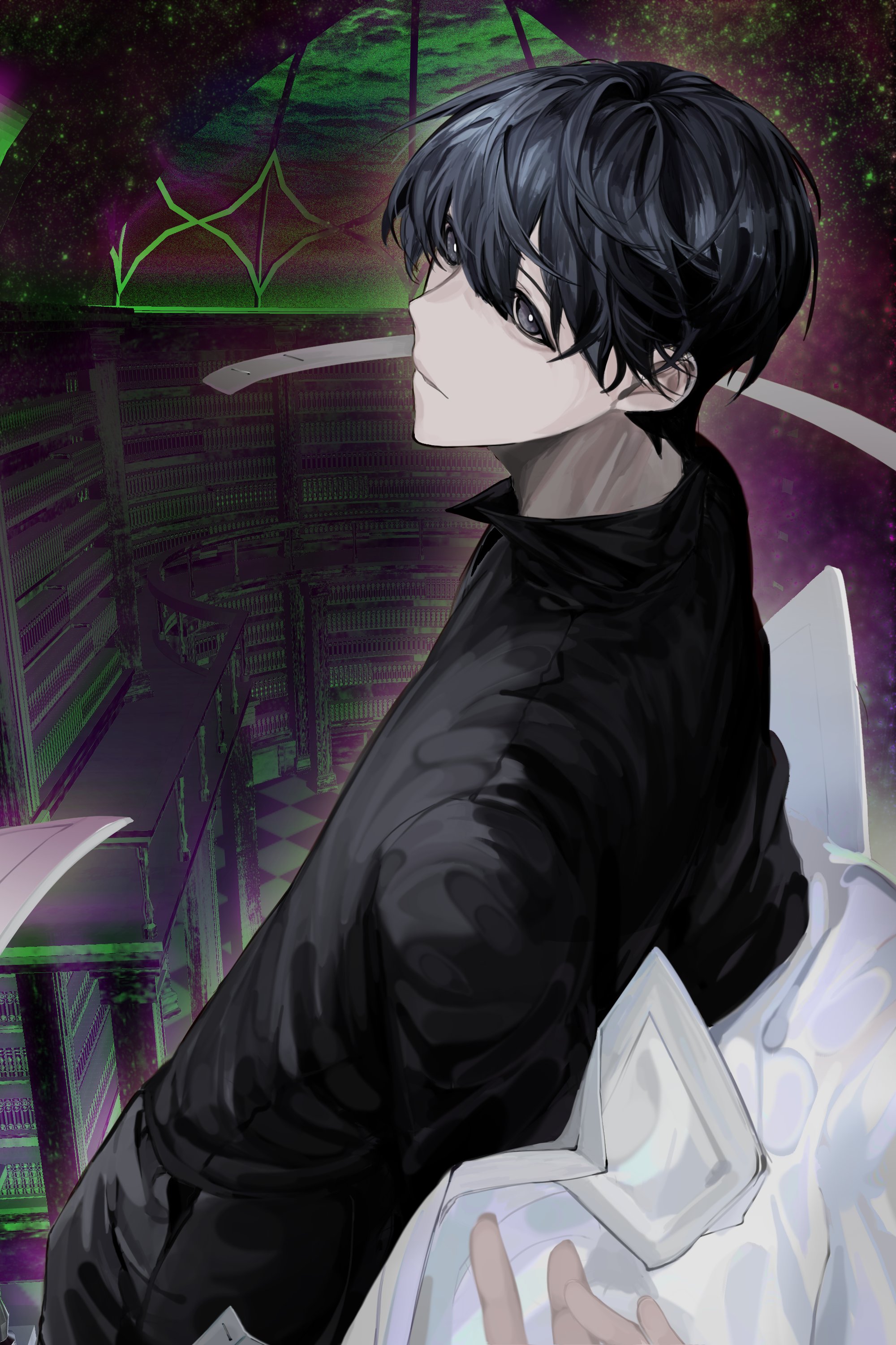 hayu beck, kim dokja, omniscient reader's viewpoint, absurdres, commentary request, highres, korean commentary, 1boy, aegyo sal, black eyes, black hair, black shirt, coat, coat partially removed, collared shirt, color connection, indoors, leaning back, library, looking at viewer, male focus, open clothes, open coat, popped collar, railing, shirt, short hair, solo, white coat