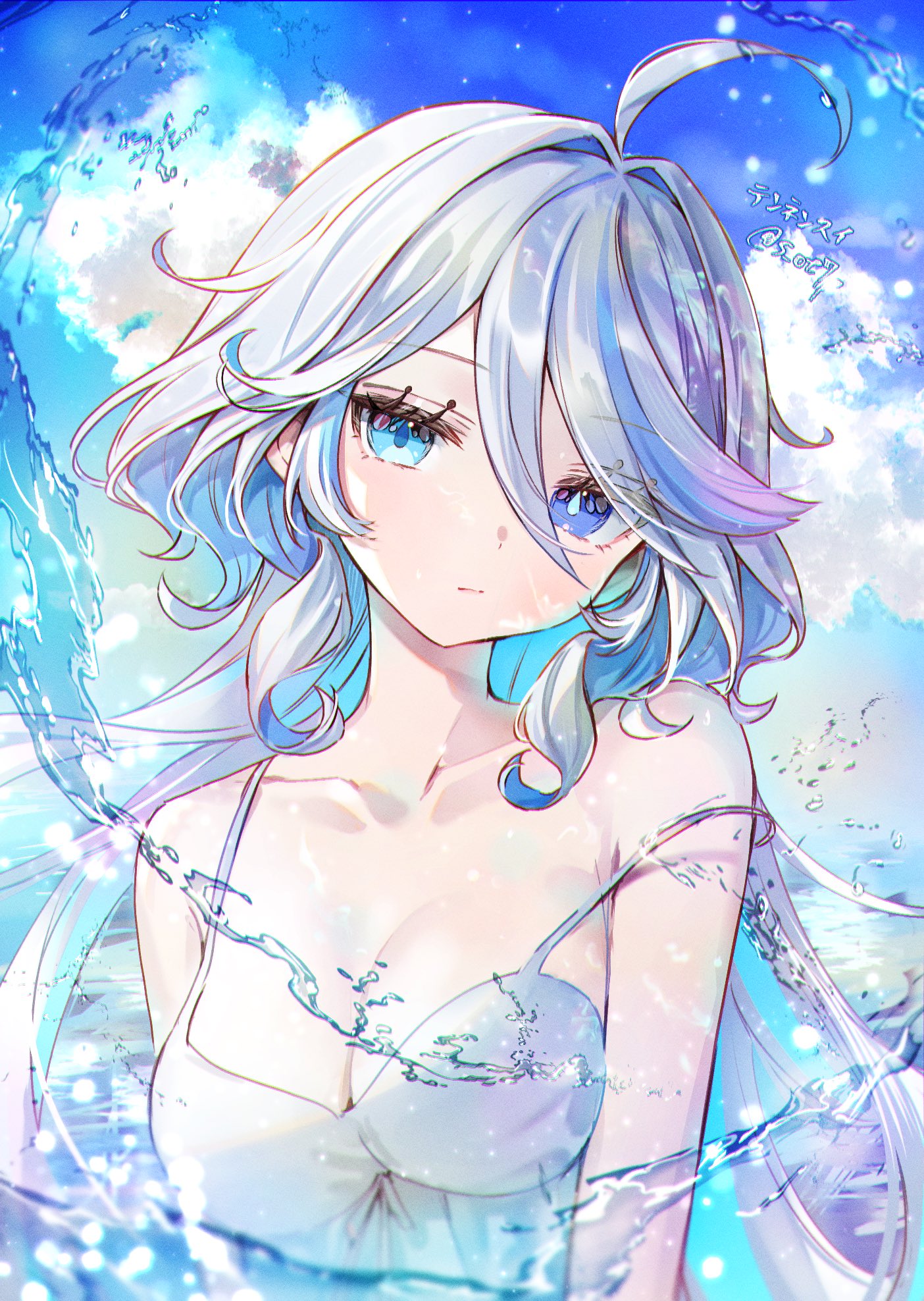 tennensui (midorinokaibutu4500), furina (genshin impact), genshin impact, commentary, highres, 1girl, ahoge, alternate costume, bare shoulders, blue eyes, blue pupils, blue sky, blue streaks, breasts, cleavage, closed mouth, cloud, day, dress, drop shadow, hair between eyes, heterochromia, long hair, looking at viewer, medium breasts, multicolored hair, outdoors, sky, sleeveless, sleeveless dress, solo, spaghetti strap, strap slip, streaked hair, twitter username, very long hair, water, white dress, white hair