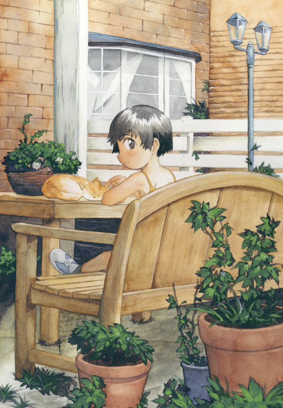 satou toshiyuki, black hair, blush, brown eyes, camisole, cat, child, fence, looking back, plant, shoes, short hair, sitting, sneakers, table