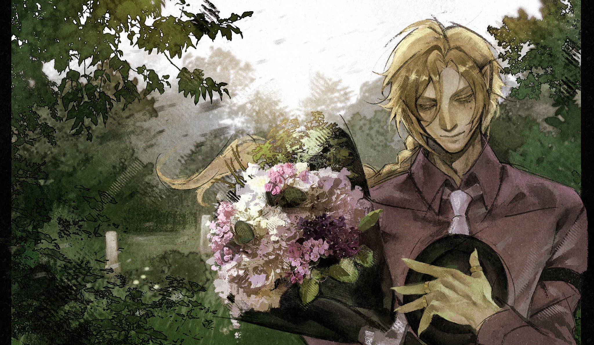 hugo vlad, zenless zone zero, hashtag-only commentary, highres, 1boy, bicep strap, black hat, blonde hair, bouquet, closed eyes, closed mouth, fingernails, flower, gold ring, hair between eyes, hat, holding, holding bouquet, holding unworn clothes, holding unworn hat, jewelry, long hair, male focus, mole, mole under eye, multiple rings, necktie, outdoors, pillarboxed, pink flower, pointy ears, purple necktie, purple shirt, qurravis, ring, shirt, solo, tree, unworn hat, unworn headwear, upper body, white flower