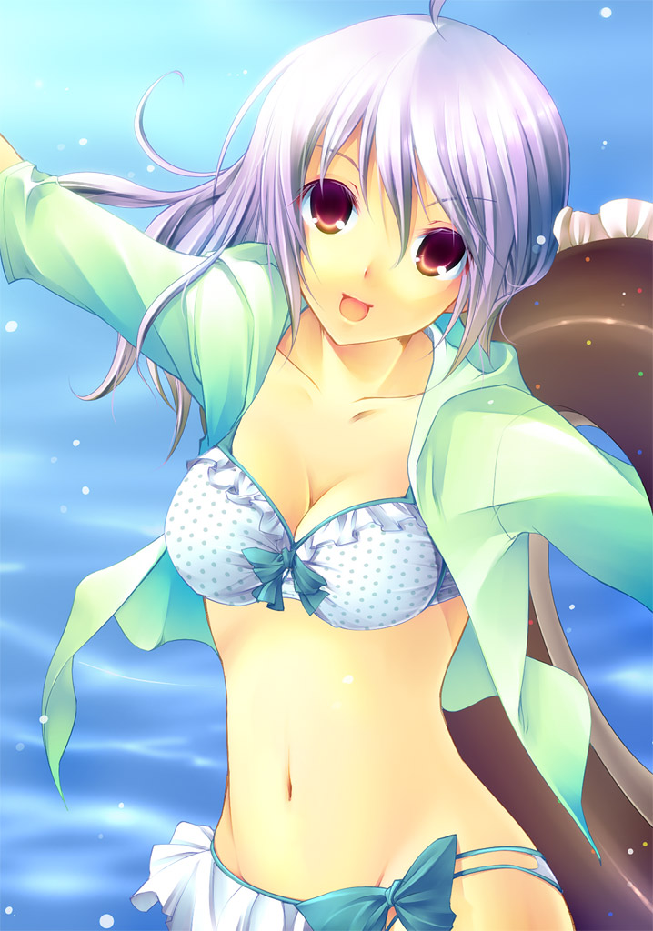 yoshino ryou, original, bad id, bad pixiv id, 1girl, bikini, breasts, brown eyes, cleavage, female focus, frilled bikini, frills, innertube, medium breasts, navel, open clothes, open shirt, polka dot, polka dot bikini, polka dot swimsuit, purple hair, shirt, solo, swim ring, swimsuit