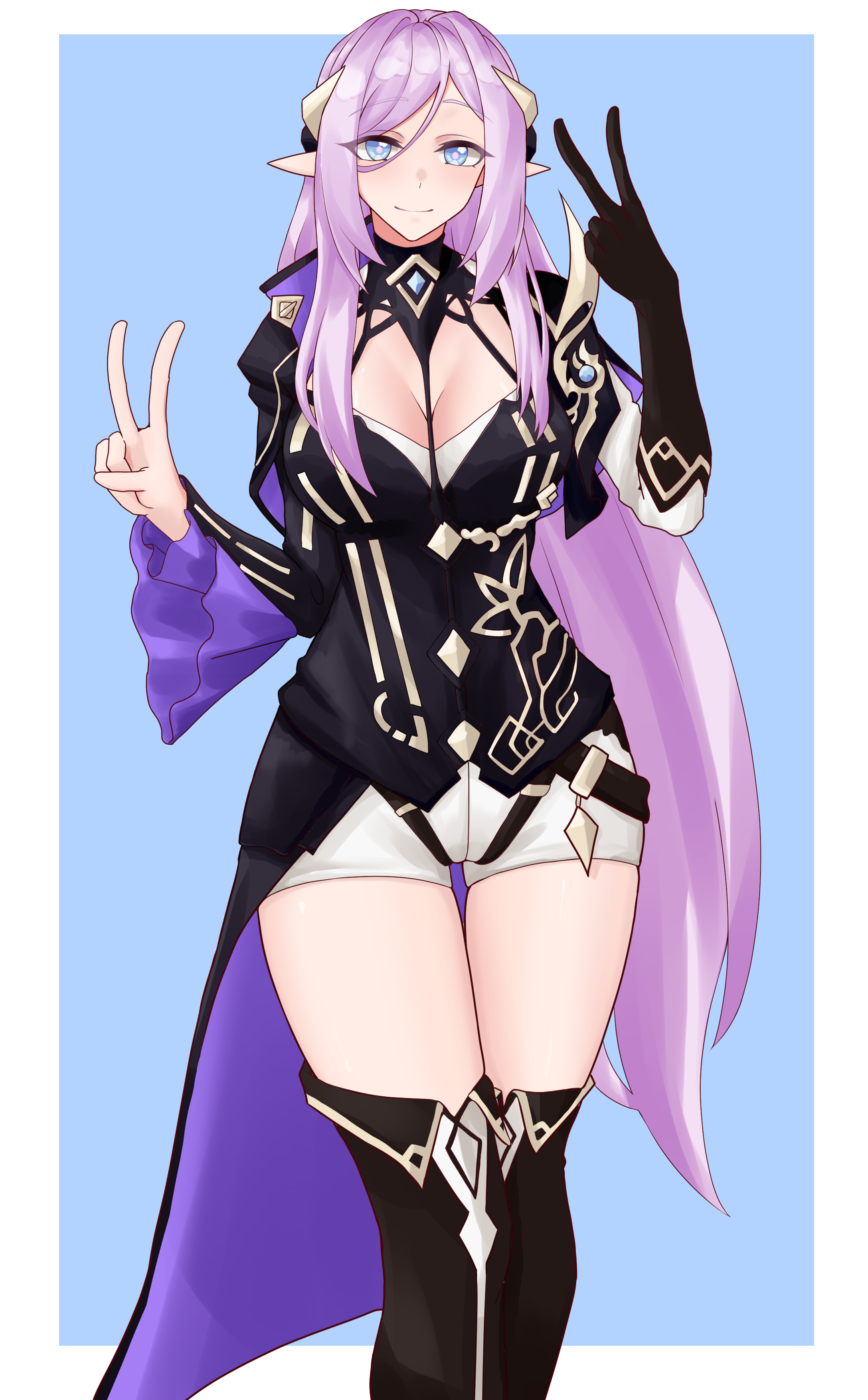 pyeong il, cyrene (aedes elysiae) (honkai: star rail), cyrene (honkai: star rail), elysia (honkai impact), elysia (miss pink elf) (honkai impact), honkai (series), honkai impact 3rd, absurdres, commentary request, highres, korean commentary, 1girl, black boots, black cape, black gloves, black shirt, blue background, blue eyes, boots, border, breasts, cape, cleavage, double v, elf, gloves, hair ornament, large breasts, long hair, looking at viewer, pink hair, pointy ears, prototype design, shirt, short shorts, shorts, simple background, single glove, solo, thighs, v, very long hair, white border, white shorts