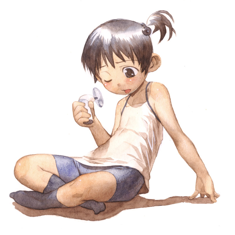 satou toshiyuki, 1girl, bike shorts, black hair, blush, camisole, child, electric fan, fanning face, female focus, hand fan, handheld electric fan, holding, holding fan, short hair, side ponytail, simple background, sitting, socks, solo, white background